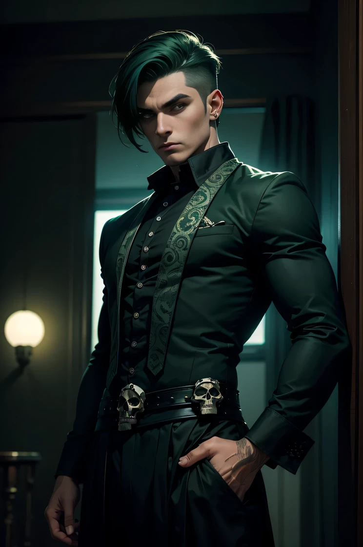 man with dark green hair , wearing dark green and black outfit , moons and skulls pattern , poseing cool
