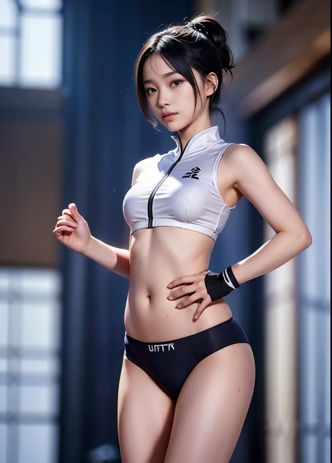 best quality, masterpiece, ultra high resolution, (actual:1.4), original photo, 
1 girl, , Japanese track and field athlete, Rear view, On the track at the track and field, ((Wearing a track suit, waist up, very cute face, short black hair)), ((Unify top and bottom、Beautiful belly button comes out:1.2))、((Cute underwear that only fits the lower body:1.3)、Short torso, Exquisite body details, Beautiful and delicate legs、NSFW、