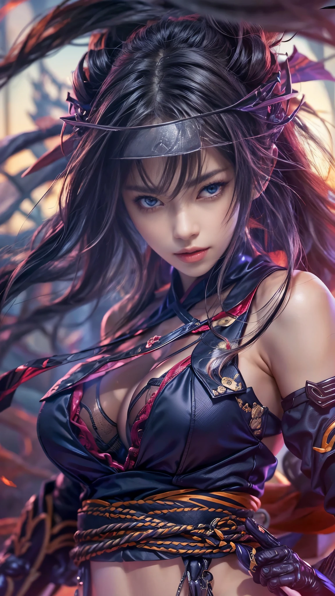 (RAW shooting, Photoreal:1.5, 8k, highest quality, masterpiece, ultra high resolution), perfect dynamic composition:1.2, midnight, Fight:1.2, Sengoku, fire事, いたるところで燃え上がる戦fire:1.3, Highly detailed skin and facial textures:1.2, Slim female ninja with a sharp dagger:1.3, beautiful and aesthetic:1.2, sexy beauty, perfect style, Revenge, Strong-willed, belief, wear elaborate rings, fire, water, Wind, thunder, ice, Fair skin, very beautiful face, (Medium chest, Chest gap), (embarrassing smile, The expression on your face when you feel intense caress, Facial expression when feeling pleasure), (wearing a sexy ninja costume:1.2, off shoulder:1.1), (beautiful blue eyes, Eyes that feel beautiful eros:0.8), (Too erotic:0.9, Bewitching:0.9), full body shot, perfect limbs, perfect fingers