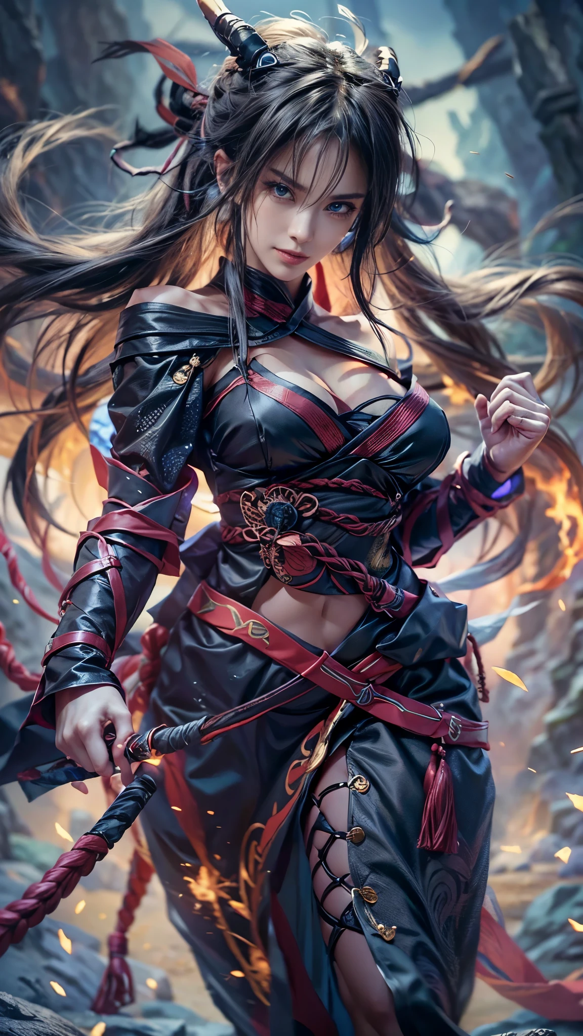MAKE A PHOTO OF A MATURE WOMAN ANIME CHARACTER "QUEEN MEDUSA" HIGHLIGHTING SHARP EYES , BLACK HAIR UNLOCKED, IN THE DONGHUA MANGA SERIES "WITH THE TYPICAL CHARACTERISTICS OF AN UNSEXY RED DRESS. AND A RED SWORD.