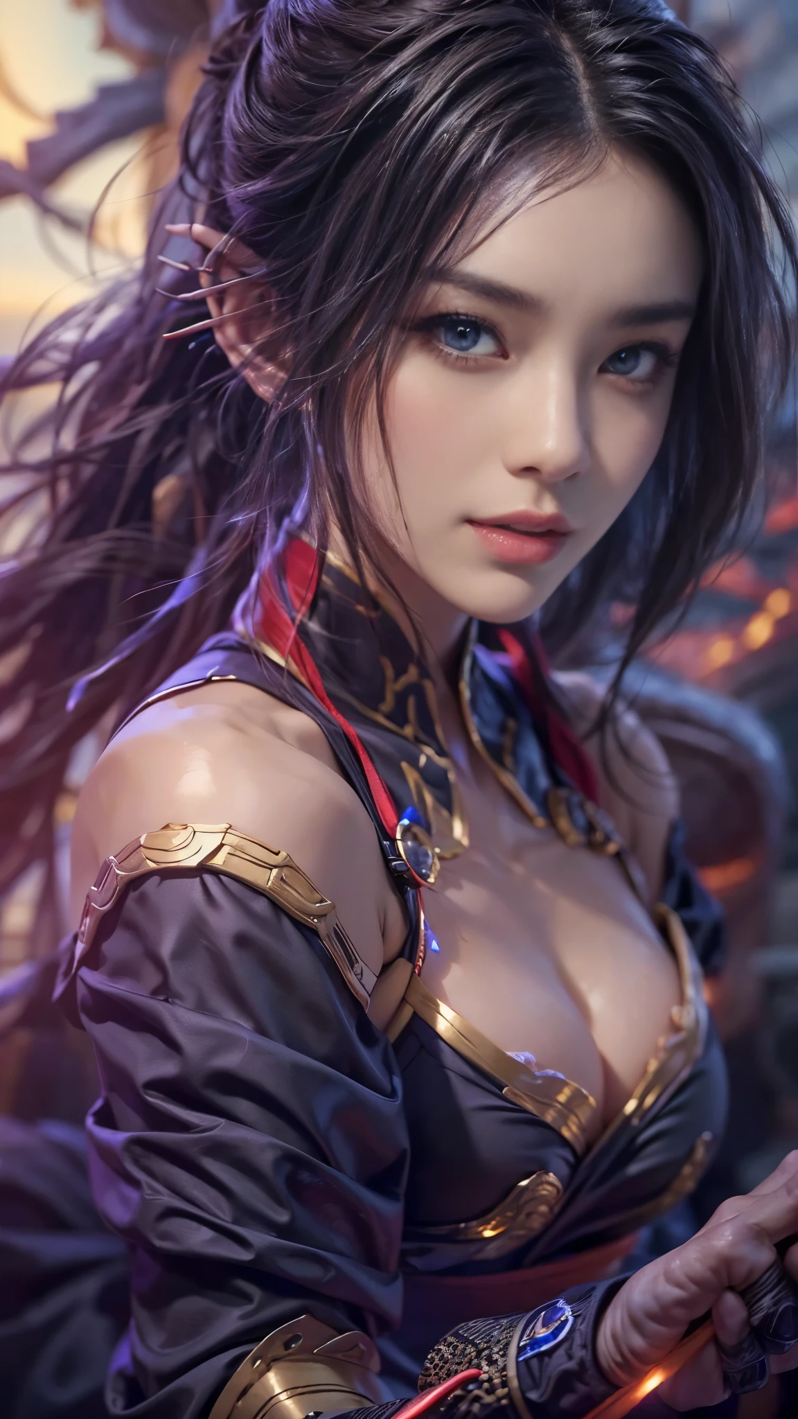 (RAW shooting, Photoreal:1.5, 8k, highest quality, masterpiece, ultra high resolution), perfect dynamic composition:1.2, midnight, Fight:1.2, Sengoku, fire事, いたるところで燃え上がる戦fire:1.3, Highly detailed skin and facial textures:1.2, Slim female ninja with a sharp dagger:1.3, beautiful and aesthetic:1.2, sexy beauty, perfect style, Revenge, Strong-willed, belief, wear elaborate rings, fire, water, Wind, thunder, ice, Fair skin, very beautiful face, (Medium chest, Chest gap), (embarrassing smile, The expression on your face when you feel intense caress, Facial expression when feeling pleasure), (wearing a sexy ninja costume:1.2, off shoulder:1.1), (beautiful blue eyes, Eyes that feel beautiful eros:0.8), (Too erotic:0.9, Bewitching:0.9), full body shot, perfect limbs, perfect fingers