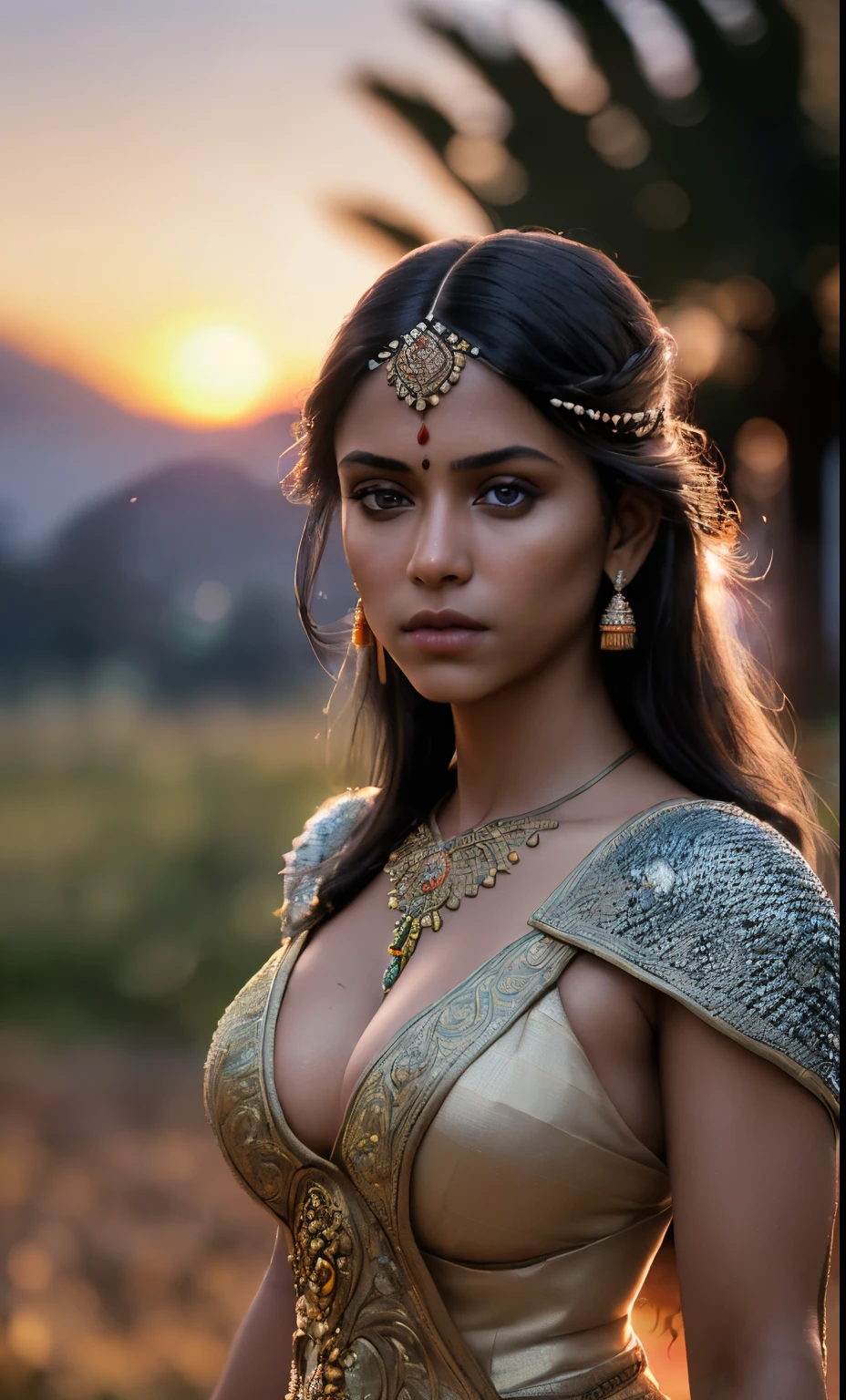 (masterpiece), (extremely intricate:1.3), (realistic), portrait of a girl, the most beautiful in the world,Indian dress , upper body, outdoors, intense sunlight, far away castle, professional photograph of a stunning woman detailed, sharp focus, dramatic, award winning, cinematic lighting, octane render unreal engine, volumetrics dtx, (film grain, blurry background, blurry foreground, bokeh, depth of field, sunset, motion blur:1.3), chainmail