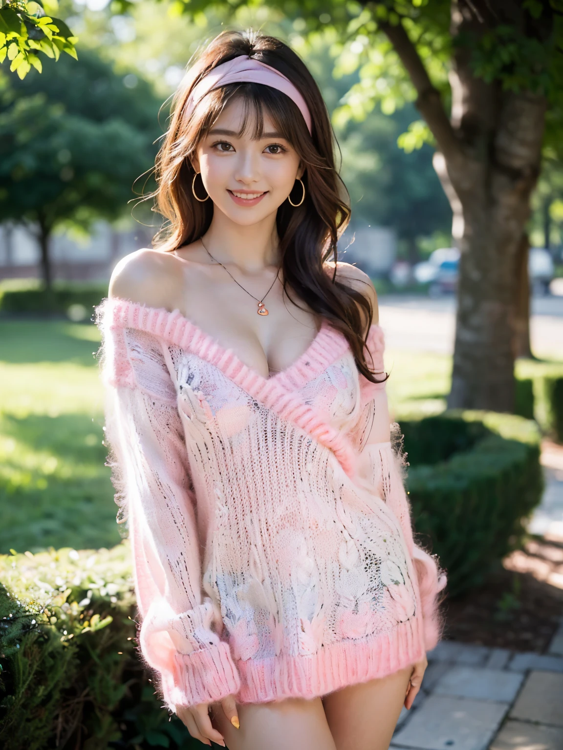 ((((highest quality))))、(((Ultra-precision CG16K wallpaper)))、(((masterpiece)))、(((Super detailed)))、(((super extreme details)))、１people&#39;s women、mature woman、24 year old woman、((Japanese face))、((very beautiful face))、((Aimi Higa:1.5))、((straight shoulder length hair))、(shiny hair)、bangs up to eyebrows、beautiful brown hair、beautiful delicate eyes、brown eyes、raised eyebrows、high nose、small nostrils、small mouth、seductive lipouth slightly open、beautiful breasts、((C cup size breasts))、cleavage、plump body、(Chubby body type)、perfect proportions、perfect anatomy、perfect composition、beautiful detailed shading、beautiful natural lighting、beautiful detail glow、Depth of the bounds written、soft focus、(((High chroma)))、(((real:1.9)))、((vivid:1.4))、((beautiful skin))、((skin texture))、((realな皮膚感))、(((cowboy shot、Thigh:1.5)))、((Angle seen from the front:1.5))、((smile:1.4))、(Eyes looking at me:1.5)、Bright daylight、(((copse of trees:1.3)))、(model pose:1.5)、(((Pink long mohair sweater:1.6)))、((headband、earrings、wearing necklace:1.5))、