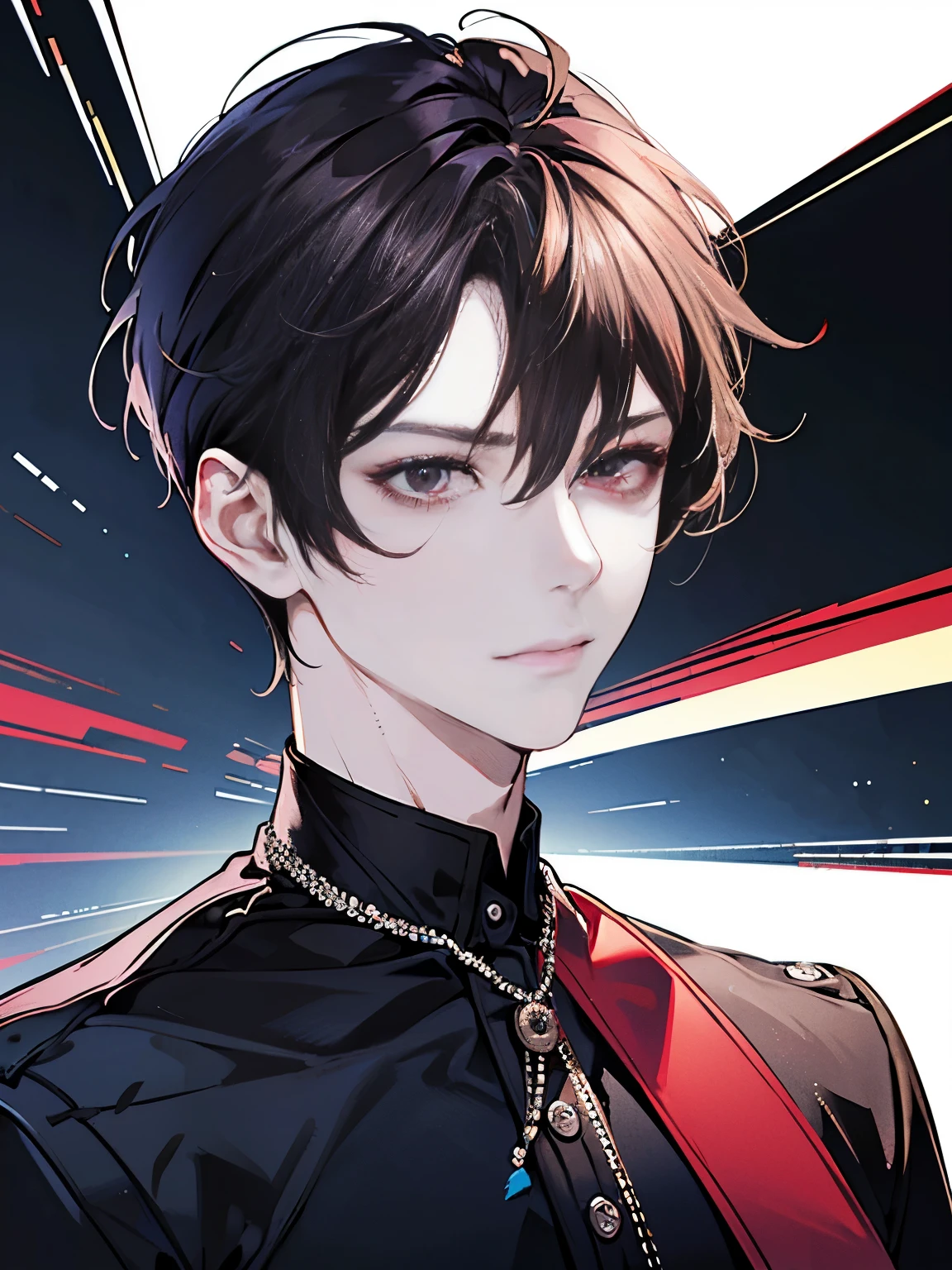 (ultra-detailed, perfect pixel, highres, best quality, beautiful eyes finely detailed), male, Short hair, middle part bangs, Maroon hair, light red eyes, black shirt, sunglasses, modern, commander, motion blur, 8k, super detail, accurate, best quality.