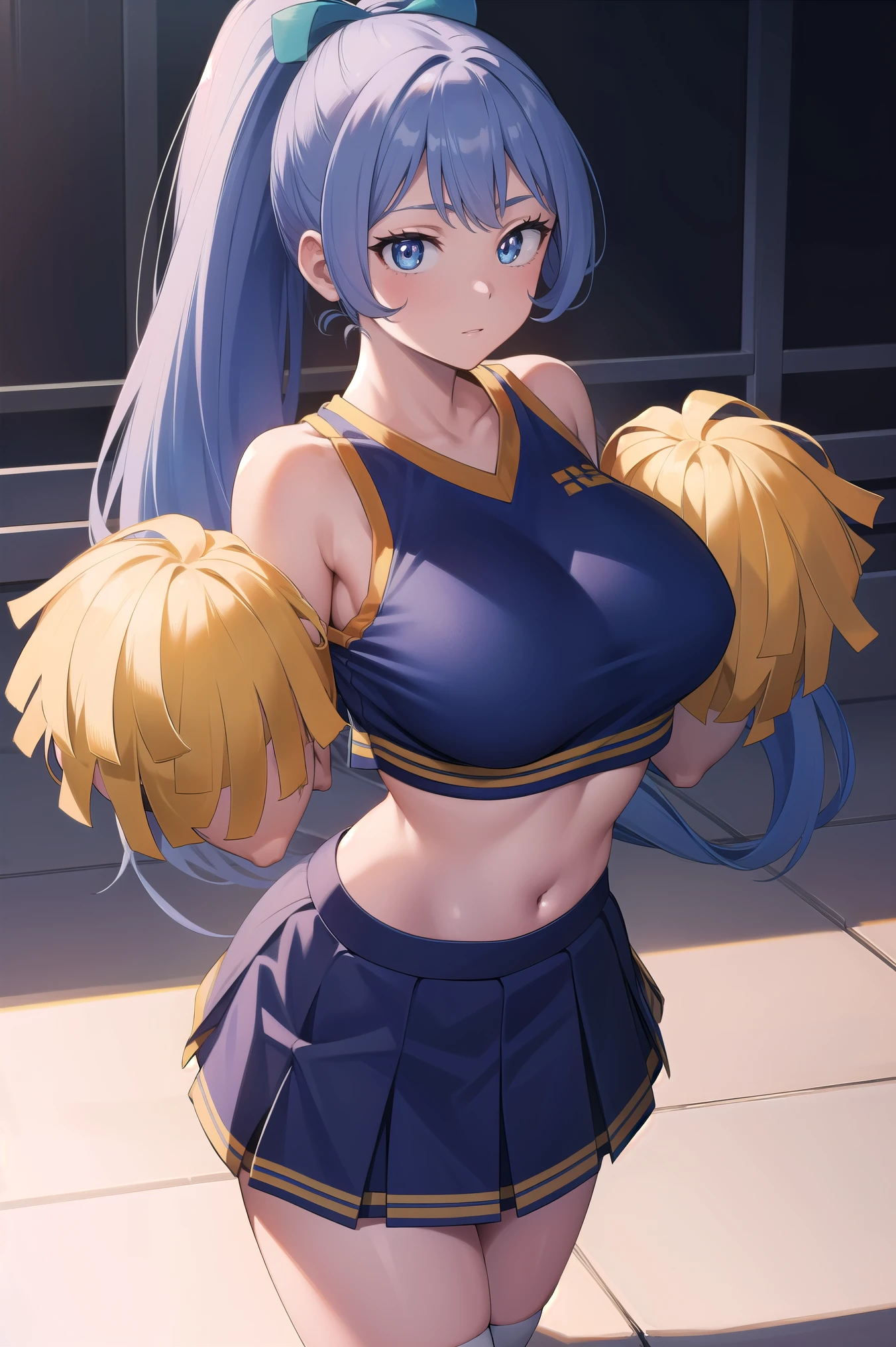 nejirehadou, nejire hadou, happy, blue eyes, blue hair, long hair, big breast,
BREAK cheerleader, crop top, holding pom poms, midriff, navel, orange skirt, pink footwear, pom pom (cheerleading), pom poms, ponytail, skirt, (u.a. cheerleader uniform:1.5),
BREAK looking at viewer, full body,
BREAK indoors, classroom,
BREAK (masterpiece:1.2), best quality, high resolution, unity 8k wallpaper, (illustration:0.8), (beautiful detailed eyes:1.6), extremely detailed face, perfect lighting, extremely detailed CG, (perfect hands, perfect anatomy),