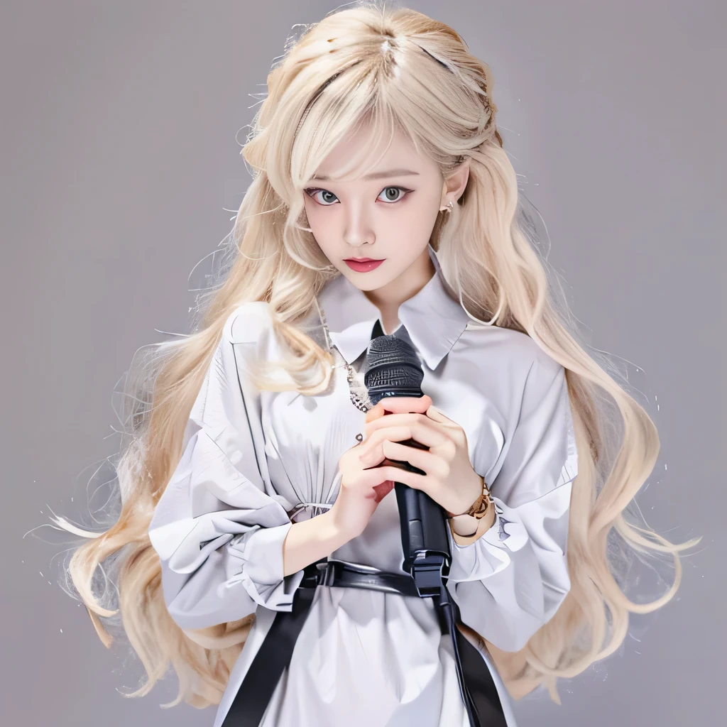 （8k）、（best image quality:1.5）、gray background、close up of face、alone、masterpiece、delicate eyes、delicate face、small breasts:1.2、、attractive face、platinum blonde hair、Semi-long wave、cute clothes、long shirt、gal、Emphasis on the clavicle、