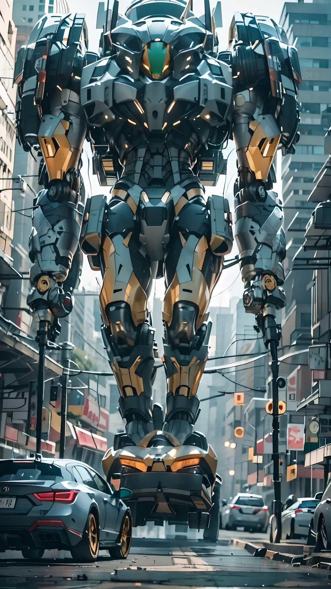 best quality，masterpiece，16k，Giant mecha,Vital Suits,building,Car tire structure feet,car,city,city lights,cityscape,cloud,day,destruction,east asian architecture,ground vehicle,Complex mecha structure,Looking up,Multicolored mecha,Half squat posture,full body,Super complex mechanical structure,mecha,outdoors,radio antenna,realistic,road,ruins,science fiction,skyscraper,street,traffic light