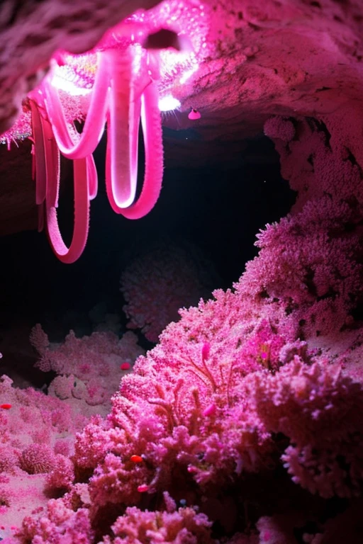 Cave covered with pink bio-cells, tentacles grow
