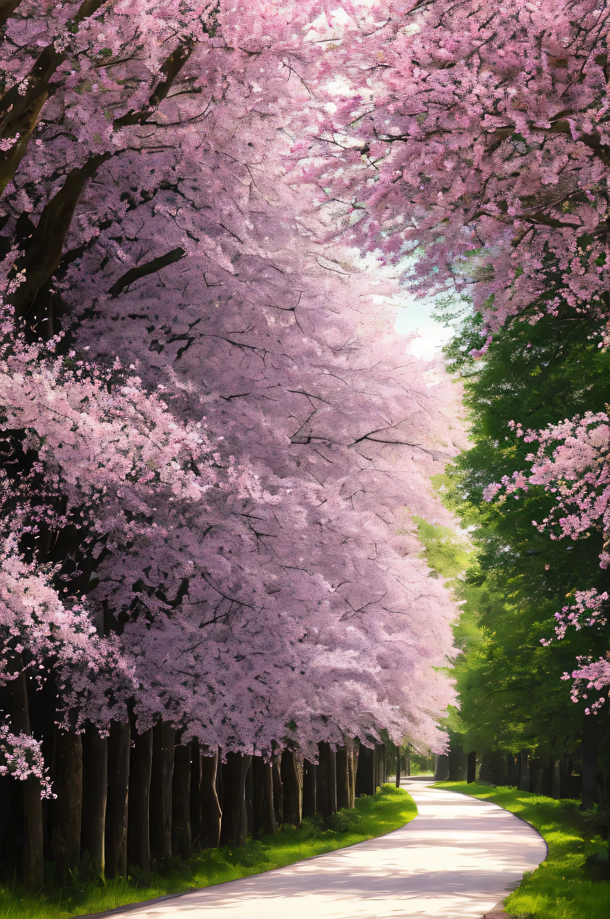 masterpiece, best quality, high quality, extremely detailed 8k wallpaper of CG unit, a charming and dreamy scene of a lush forest of sakuras, with tall trees, creating a sense of mystique and enchantment, artistic station, digital illustration, intricate, trend, pastel colors, oil painting, award-winning photography, depth of field, HDR, flower, chromatic aberration, photorealistic, extremely detailed, trend in artstation, trend in CGsociety, intricate, high detail, dramatic, art in the middle of the journey, old tree, winding road, lakelet, cherry blossom tree, small lake next to the forest, tree tunnel, forsythia flower, sunshine