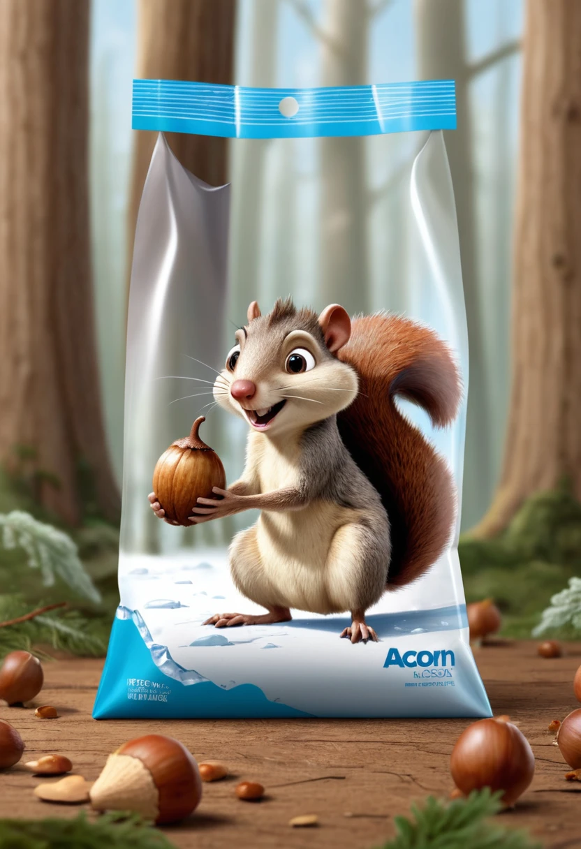 Modern packaging design, Acorn product packaging, tree shrew holding big Acorn illustration, (inspired by squirrel named scrat in movie "Ice Age"), simple background, HD resolution, simple style, actual, Natural light, Glossy plastic packaging bag, (best quality, masterpiece, Representative work, official art, Professional, 8k, Ultra intricate detailed:1.3)