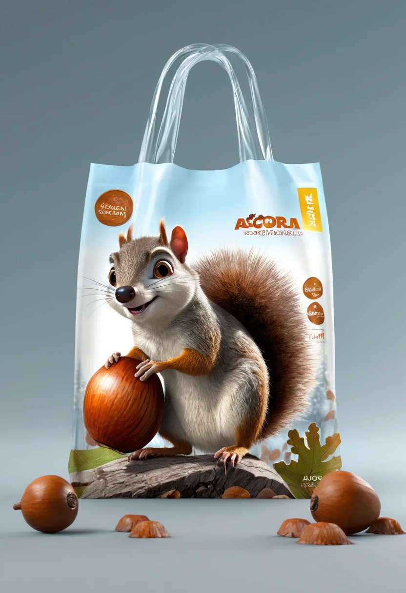 Modern packaging design, Acorn product packaging, tree shrew holding big Acorn illustration, (inspired by squirrel named scrat in movie "Ice Age"), simple background, HD resolution, simple style, actual, Natural light, Glossy plastic packaging bag, (best quality, masterpiece, Representative work, official art, Professional, 8k, Ultra intricate detailed:1.3)