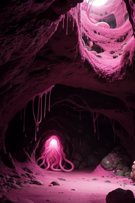 Cave covered with pink bio-cells, tentacles grow

