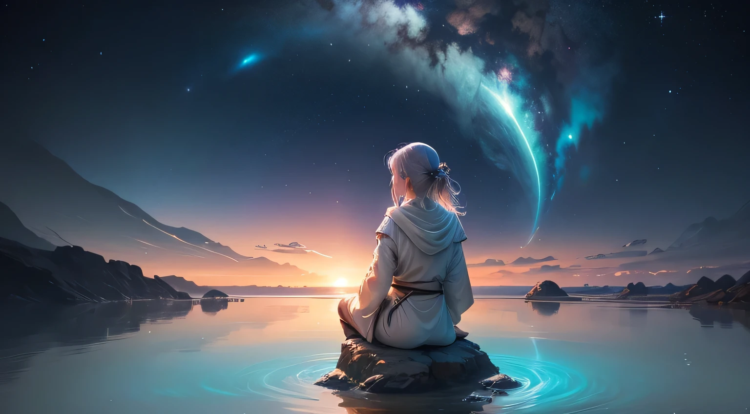 with the jedi、Let&#39;s meditate deeply on distant worlds.、Let&#39;s go on a cosmic meditation journey. Imagine a serene landscape with pristine ocean stretching as far as the eye can see.。., Reflecting the moon shining in the night sky. the air is filled with jedi-like things, Calm like another world。, Wearing a robe that waves like the surface of the water, Find a quiet place in a large space.

Jedi sitting in classic meditation pose, The sea world below., Revealing the gentle ebb and flow of alien tides. The soft glow of distant galaxies illuminates the atmosphere, Reflecting fantastic colors beyond the horizon.

Learn about the relationship between the Jedi and the Force, in harmony with the earth&#39;Renewable Energy. Witness the rhythmic movements of the Jedi&#39;Breathing in sync with the gentle movement of the alien ocean。. Subtle details such as the intricate design of a Jedi lightsaber, Resonating with the heavenly beauty around you, Add an extra layer of visual engagement.

Be drawn into this mesmerizing meditative experience。, A place where Jedi serenity reflects otherworldly serenity... In this video、Explore the deep connection between the Force and the cosmic wonders of unknown planets。, Offers a unique and immersive journey into the heart of meditation."