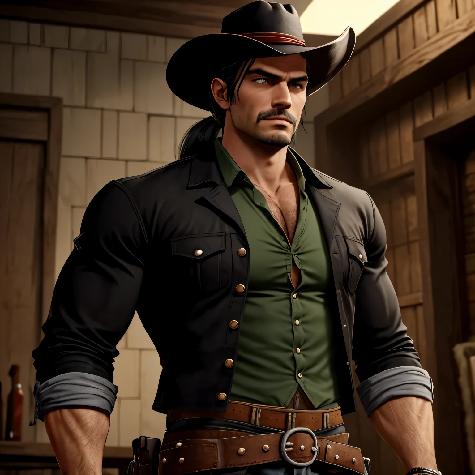 (masterpiece, 4K, ultra detailed), McCree, cowboy, hat, medium length hair, masculine, simple coloring, smooth shading, outside, cartoony, anime, muscular, eight-pack, black boxers, underwear