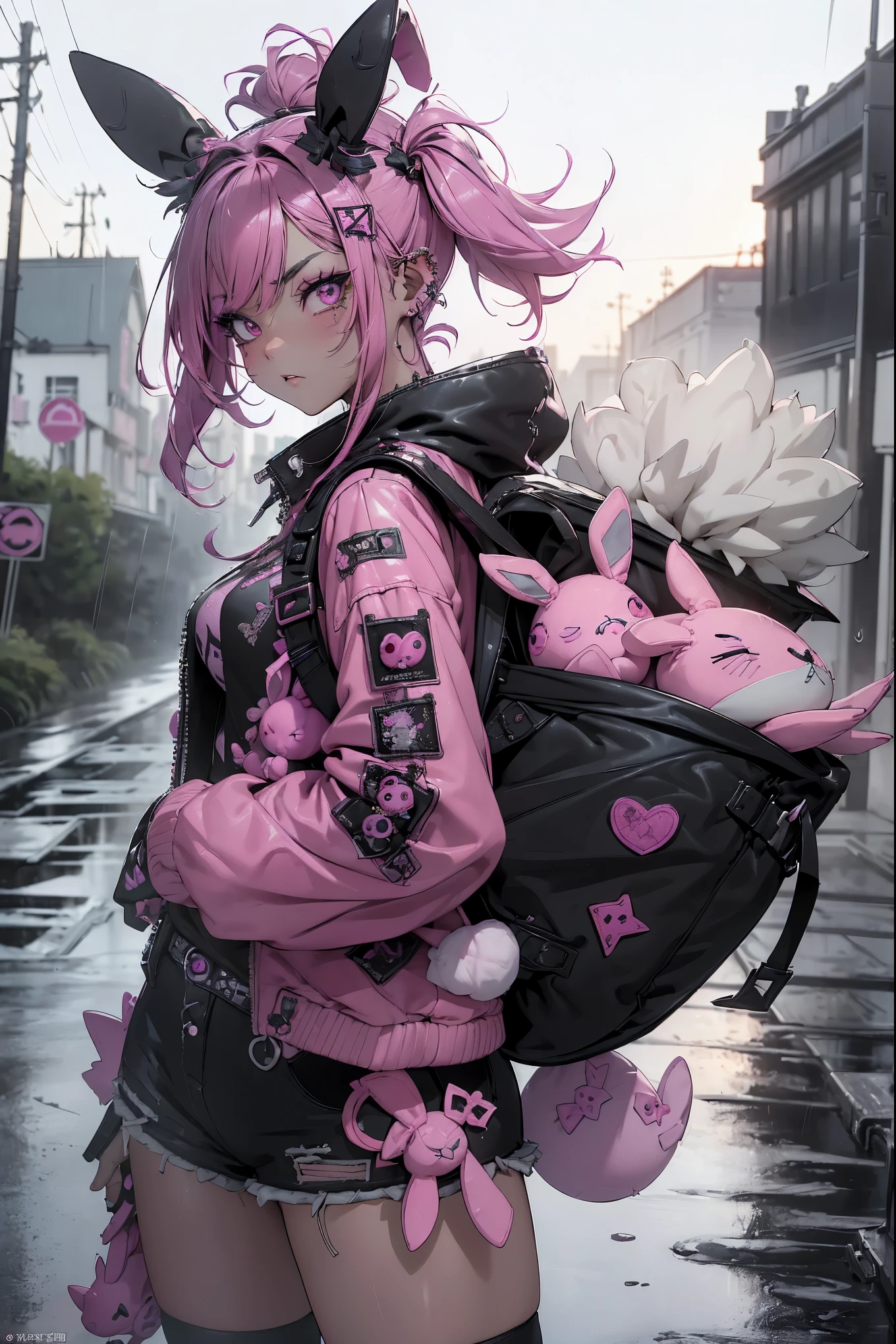 (highest quality、8k、32K、masterpiece、nffsw:1.3)、(Photoreal:1.4),(shoot from front,looking at viewer:1.5)、((18-year-old punk girl,eccentric punk hair:1.3)),((pink and black punk fashion:1.5)),clothes with studs、((He holds a stuffed crazy bunny in his left hand.:1.5))、((black backpack on the back))、(bright black and pink hair:1.5),Wacky makeup、、dark background、Desolate city in the rain、puddle on the road、(cinematic lighting)、Depth of the bounds written,blurred background、