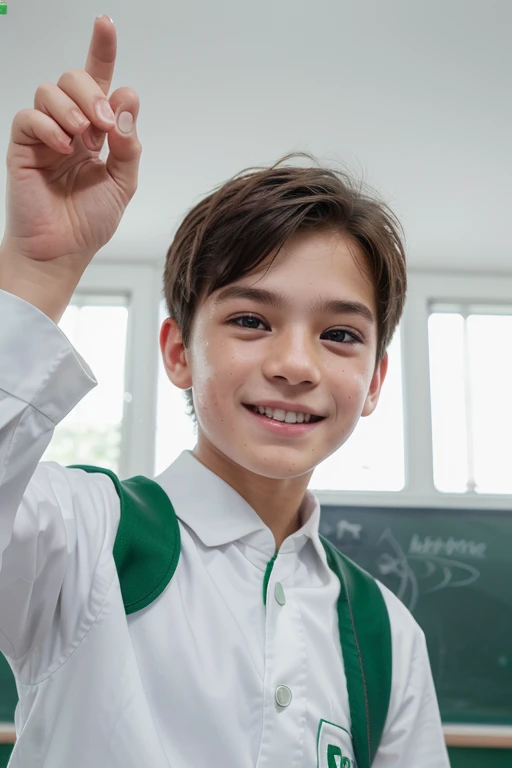 A boy, back to school, white background, green uniform logo ENNO EDUCATION, He waves to us (the viewer). ecited face, happy, happy, perfect quality, clear focuasterpiece: 1.2) (realistic: 1.2) (bokeh) (best quality) (detailed skin: 1.3) (complex details) (8K) (detail eyes) (sharp focus), (happy) full body, clean background,white background, long view composition,