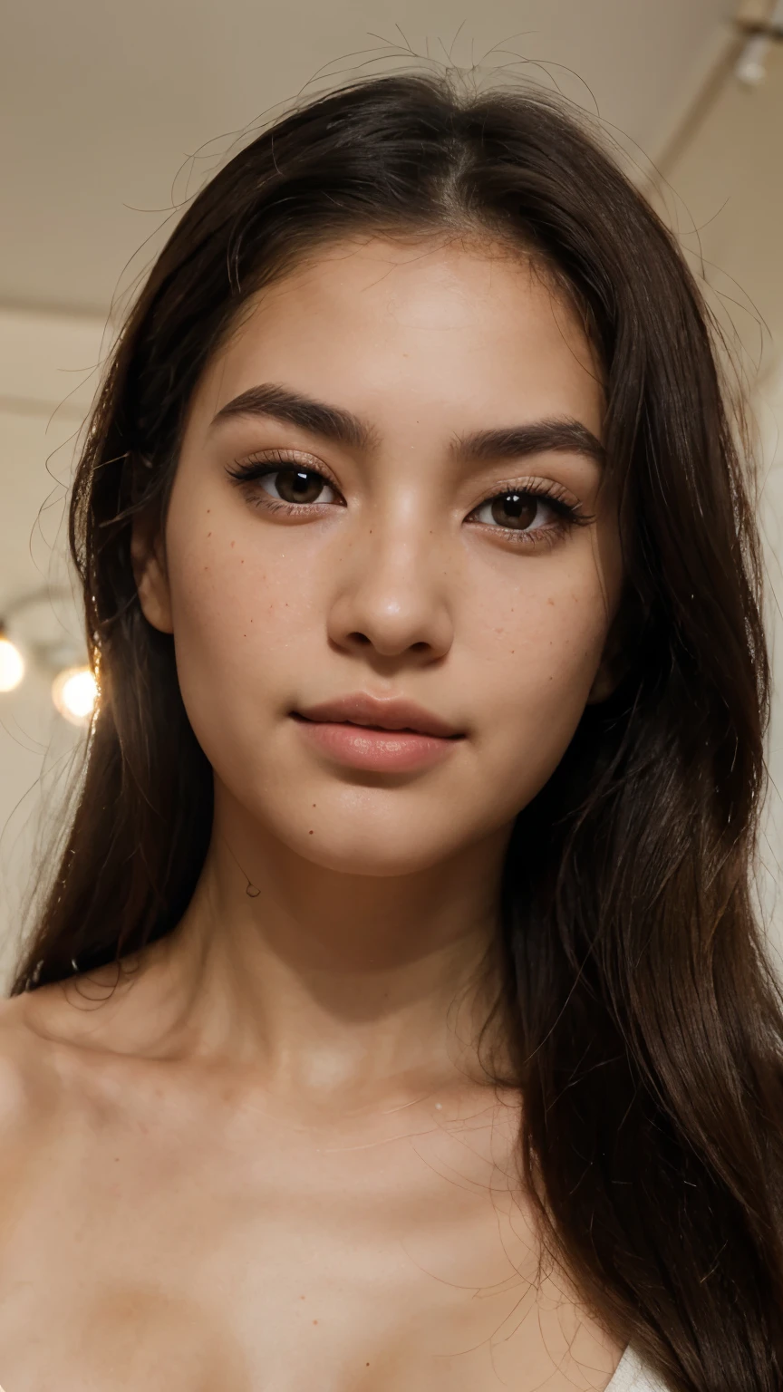 “A teenage of about 27 to 28year old Asian girl with fair skin and brown eyes is looking at the camera. Her almond-shaped eyes have a deep brown iris. She has a soft smile on her naturally pink lips and less dense eyebrows. Her hair is long and black. She has a chubby, oval-shaped face with high cheekbones and a medium-sized nose. Her skin has a natural glow, freckles, and a subtle blush. She is under soft lighting that highlights her skin texture. She is looking upwards, showing her long eyelashes. Her full lips have a natural gloss. She has various expressions, from surprise to laughter. A high-resolution image captures all her skin details. She is posing for a photoshoot with slight makeup, enhancing her natural beauty a little shine in her hair for clarity or texture even tone in skin highly detail photoshoot for the front face from a distance of about 1 to 1.5 metre with slight blush and face structure from urvashi rautela crystal clear skin with natural glow with highly detailing skin smooth texture 