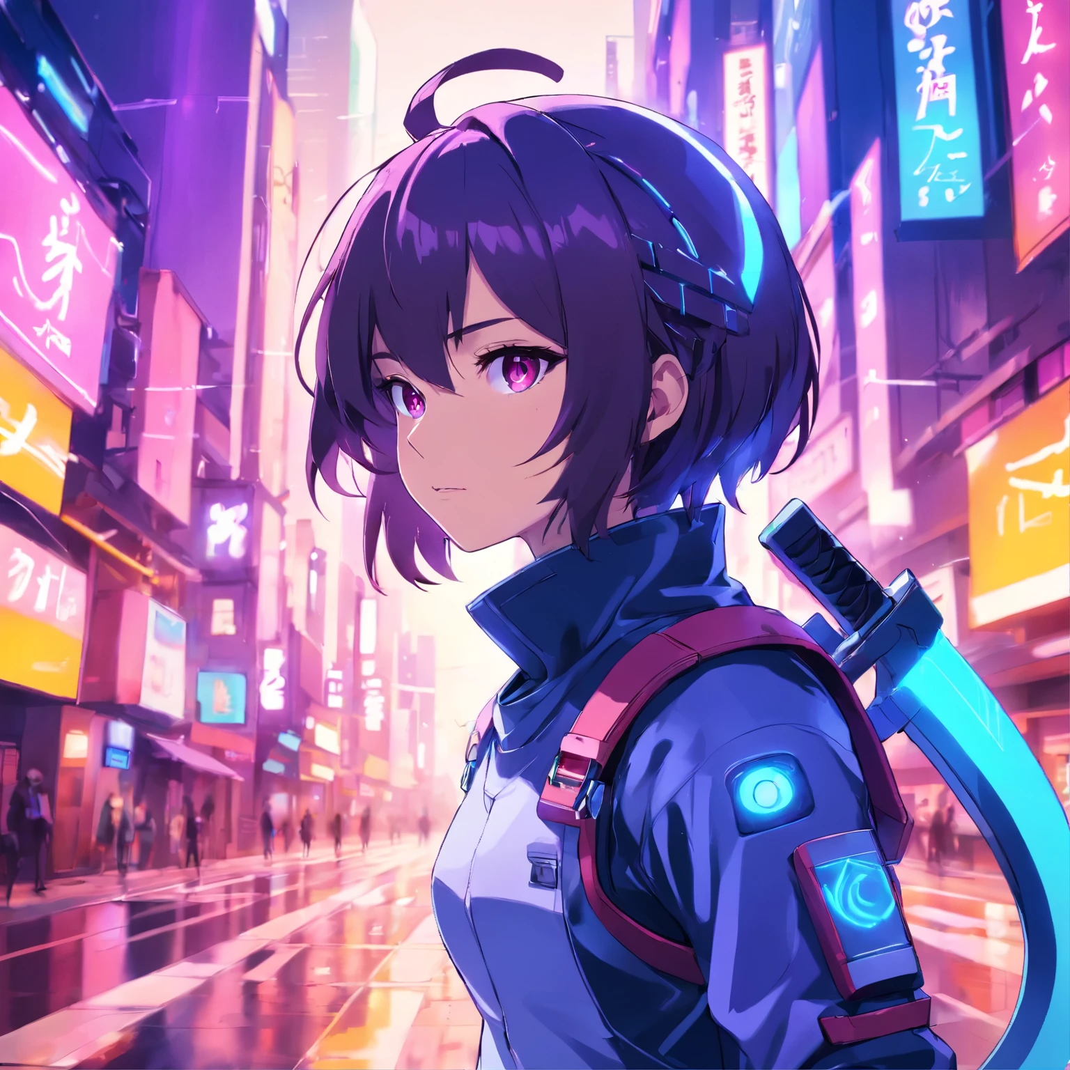 detailed 2d vector anime man cuber ninja, potrait cyber ninja white and purple, futuristic neon cyberpunk suit, using futuristic helmet faceless, with 2 sword on his back, stunning artwork, shimmering shadows, strong colors, cyberpunk concept with neon effect, brown hair, red eyes, cyberpunk background with purple and blue lights