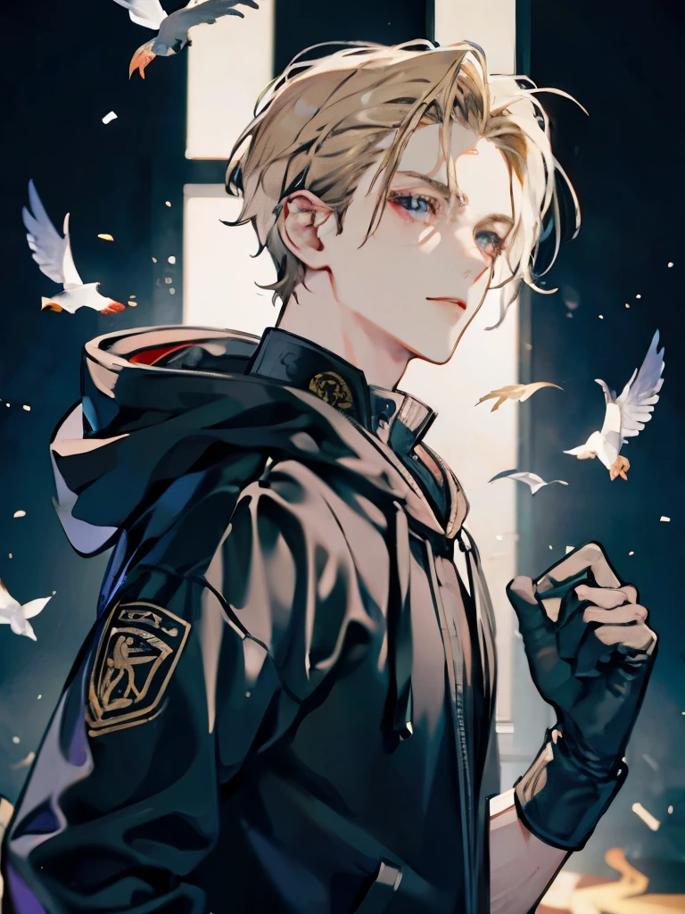 Male, light blonde, hair slicked back, black hood, light gray eyes, mysterious, boxer, black boxing gloves, hoodie, pale skin, on guard