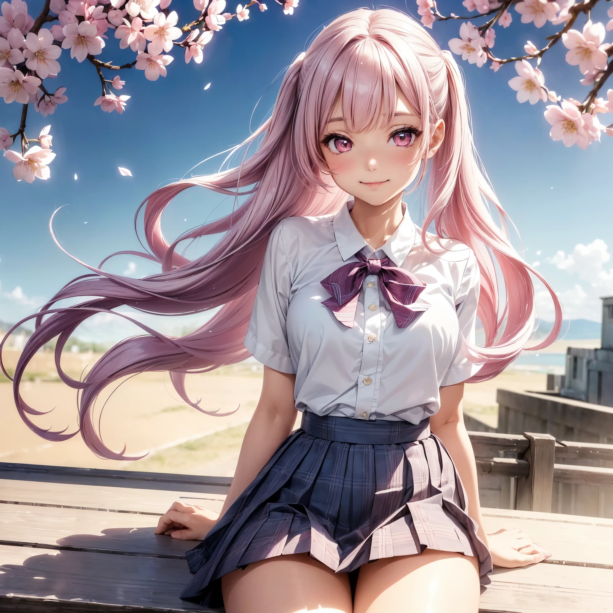 (8K, masutepiece, Highest Quality, Best Quality, Official art, Breathtaking beauty and aesthetics, A highly detailed, The best masterpiece in history that exceeds limits, Breathtaking and beautiful lighting:1.2), (1 Absolute Beautiful Girl, Solo:1.5), sixteen years old, (shiny white skin), (pink twin tail hair, Bangs:1.3), (adolable big pink eyes, drooing eyes:1.5), (high school uniform, over size long white カーディガン, pastel blue Plaid pleated skirt, super precision embroidery, pastel blue ribbon:1.3), (slightly larger bust) , (happy smile, Beautiful smile, Gentle smile, cute smile, innocent smile like an angel:1.2), (Attractive, amazing, Beautiful, Elegant, Luxurious, magnifica, Happy, Eye-catching, the ultimate beauty, Supreme Beauty, Superlative beauty, Elegant, Graceful, Everyone loves it, Beauty that fascinates everyone, Healed, The highest level of complete beauty, cute like an idol, Stylish like a fashion model, Goddess-like grace, Be loved, cute little, adolable), Look at the camera, cute little pose, breathtaking scenery, (high school, blue-sky, morning, good morning, spring, cherry blossoms, graduation:1.3),