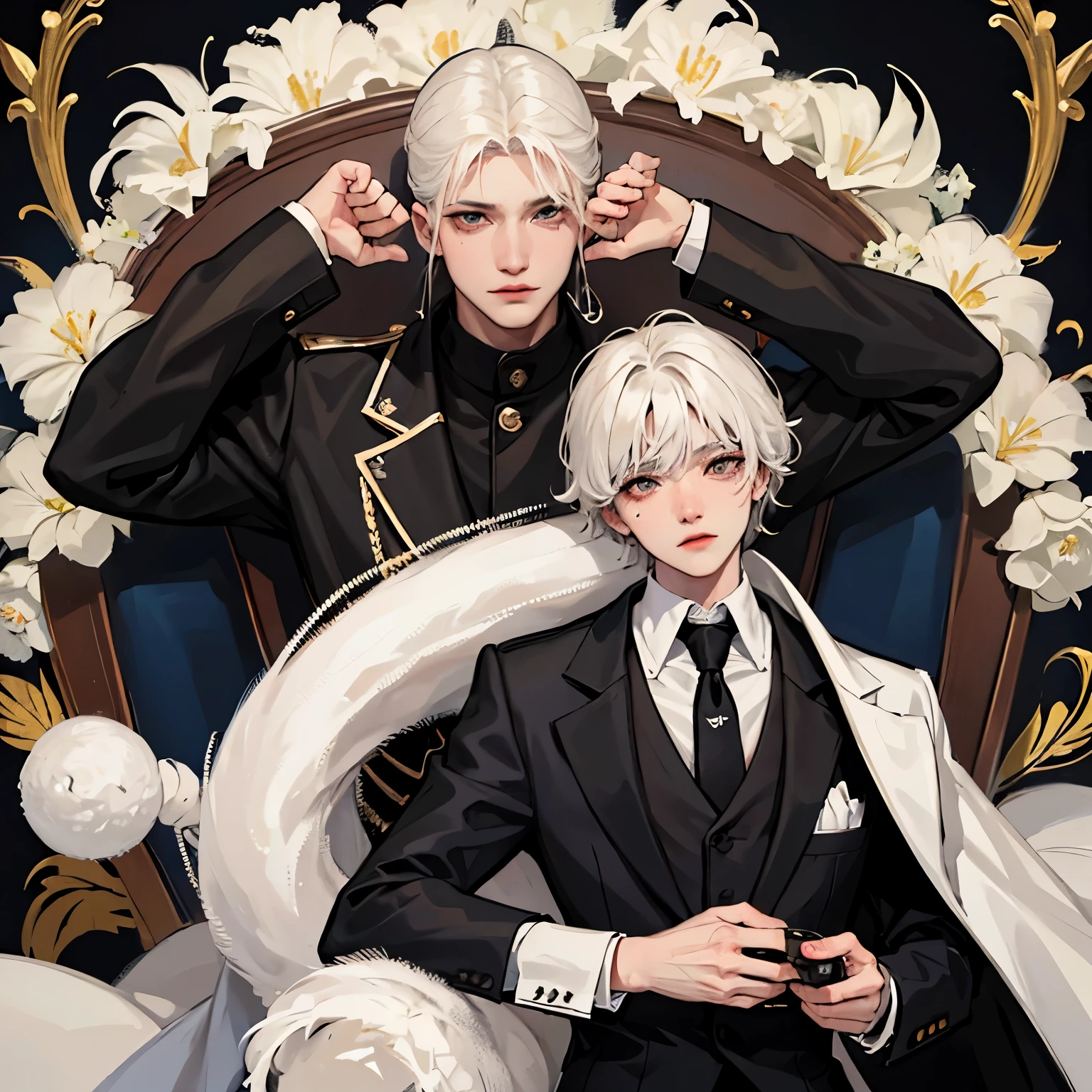 Silver-white hair, wolf cut hair, under-frame glasses, ice-coloured eyes, narrow eyes, teardrop mole, male, 27 years old, luxury sofa, wine glass, wine bottle, male mafia