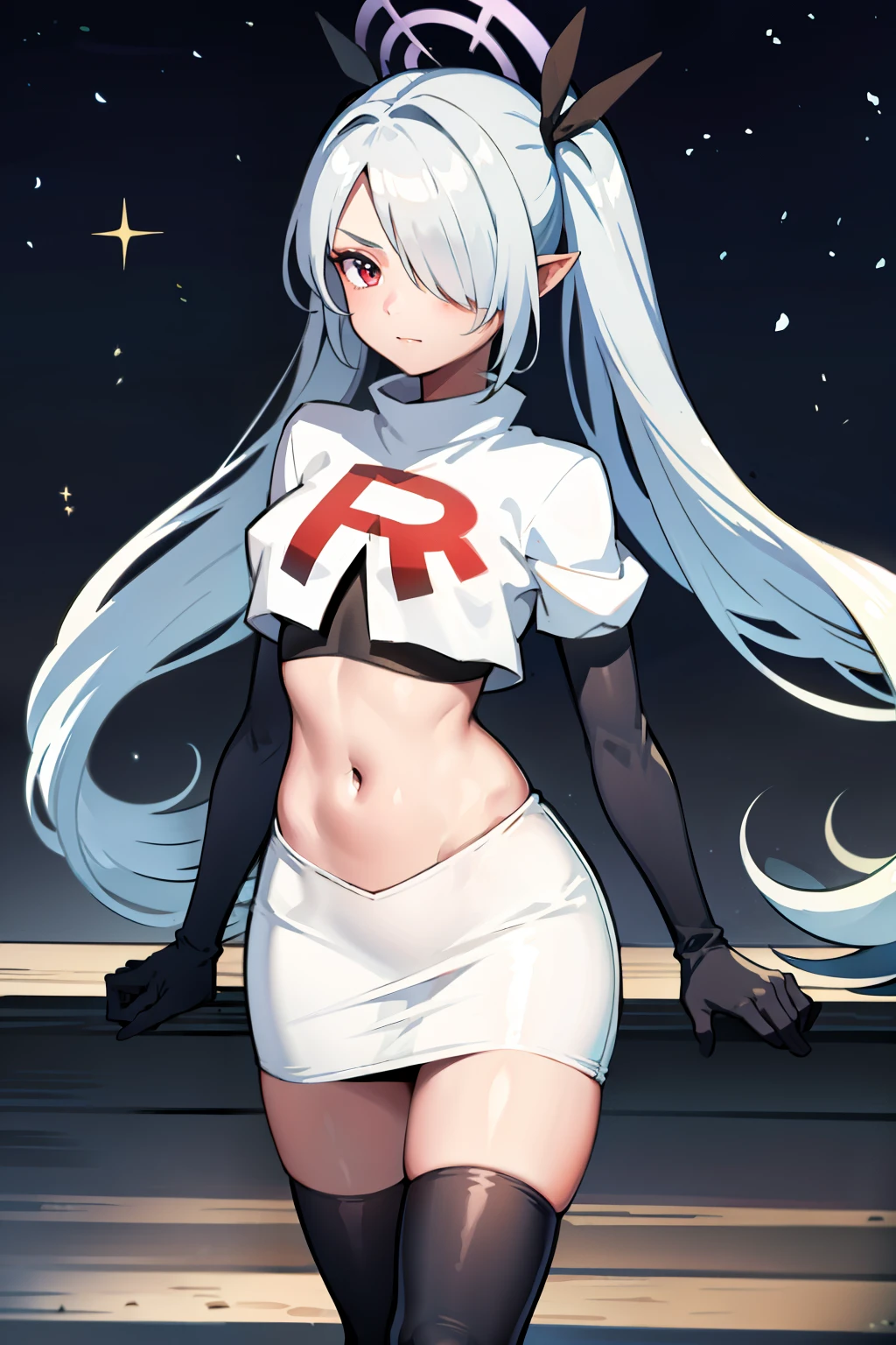(masterpiece), 1girl, hair over one eye,magical world, shiny steps, beautiful sky, stars, jupiter, ioridef, team rocket,team rocket uniform,white skirt,crop top,black thigh-highs,black elbow gloves,