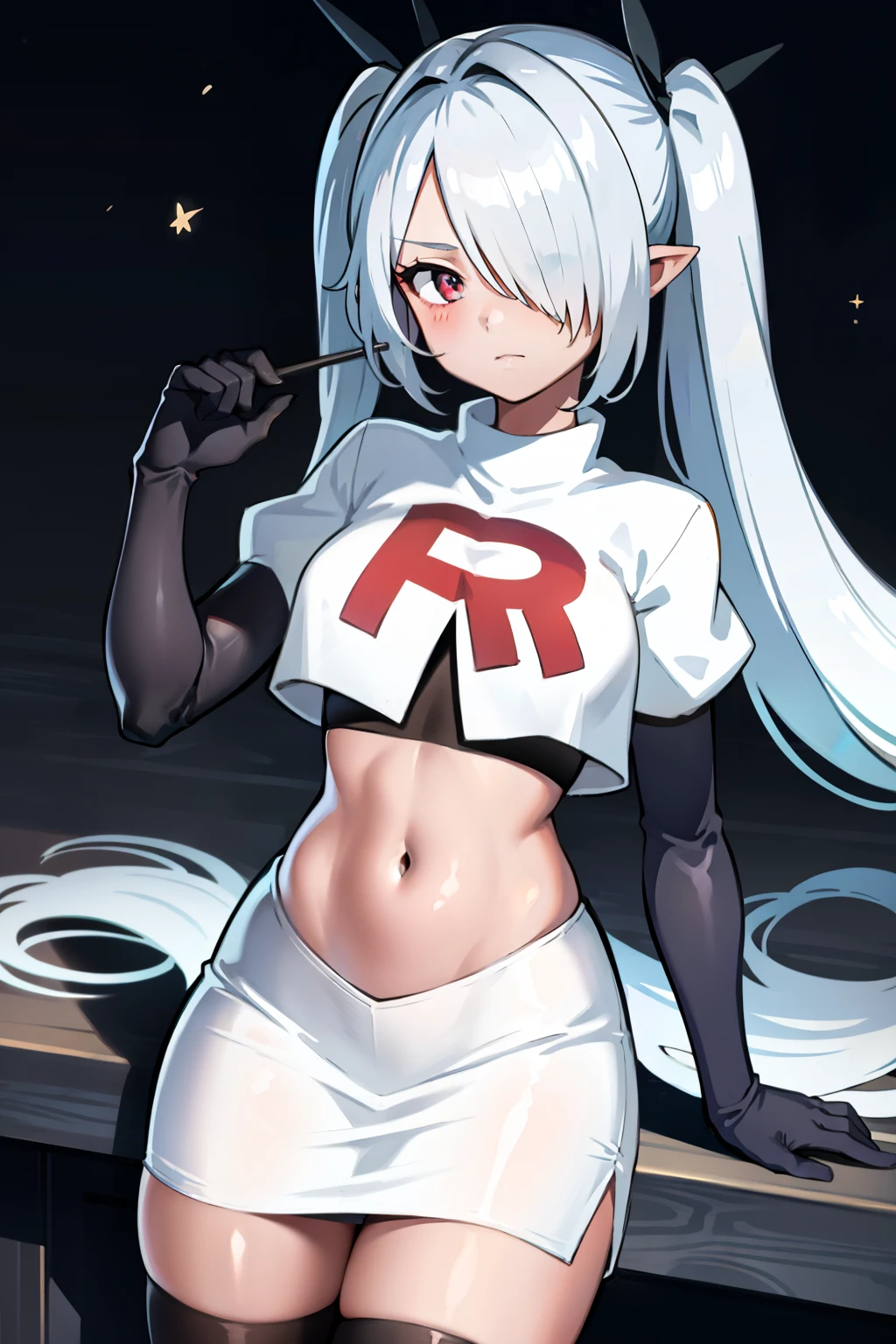 (masterpiece), 1girl, hair over one eye,magical world, shiny steps, beautiful sky, stars, jupiter, ioridef, team rocket,team rocket uniform,white skirt,crop top,black thigh-highs,black elbow gloves,