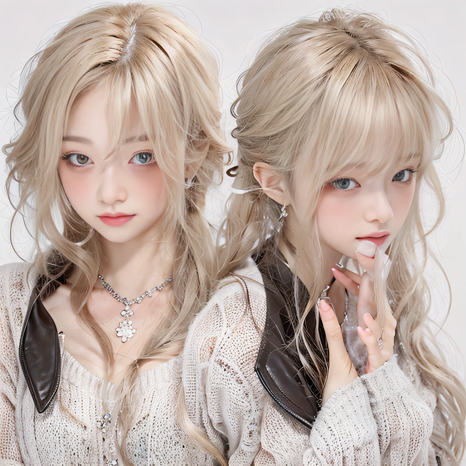 （8k）、（best image quality:1.5）、gray background、close up of face、１girl、masterpiece、delicate and sharp eyes、brown eyes、delicate face、cup、fascinating face、platinum blonde hair、Semi-long wave、cute clothes、Long shirt that shows your collarbones、gal、Emphasis on the clavicle、