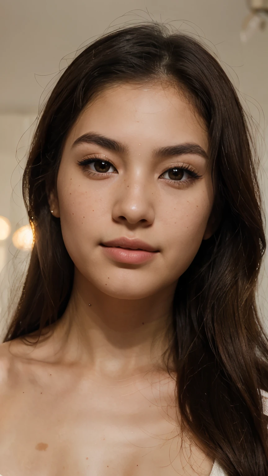 “A teenage of about 27 to 28year old Asian girl with fair skin and brown eyes is looking at the camera. Her almond-shaped eyes have a deep brown iris. She has a soft smile on her naturally pink lips and less dense eyebrows. Her hair is long and black. She has a chubby, oval-shaped face with high cheekbones and a medium-sized nose. Her skin has a natural glow, freckles, and a subtle blush. She is under soft lighting that highlights her skin texture. She is looking upwards, showing her long eyelashes. Her full lips have a natural gloss. She has various expressions, from surprise to laughter. A high-resolution image captures all her skin details. She is posing for a photoshoot with slight makeup, enhancing her natural beauty a little shine in her hair for clarity or texture even tone in skin highly detail photoshoot for the front face from a distance of about 1 to 1.5 metre with slight blush and face structure from urvashi rautela crystal clear skin with natural glow