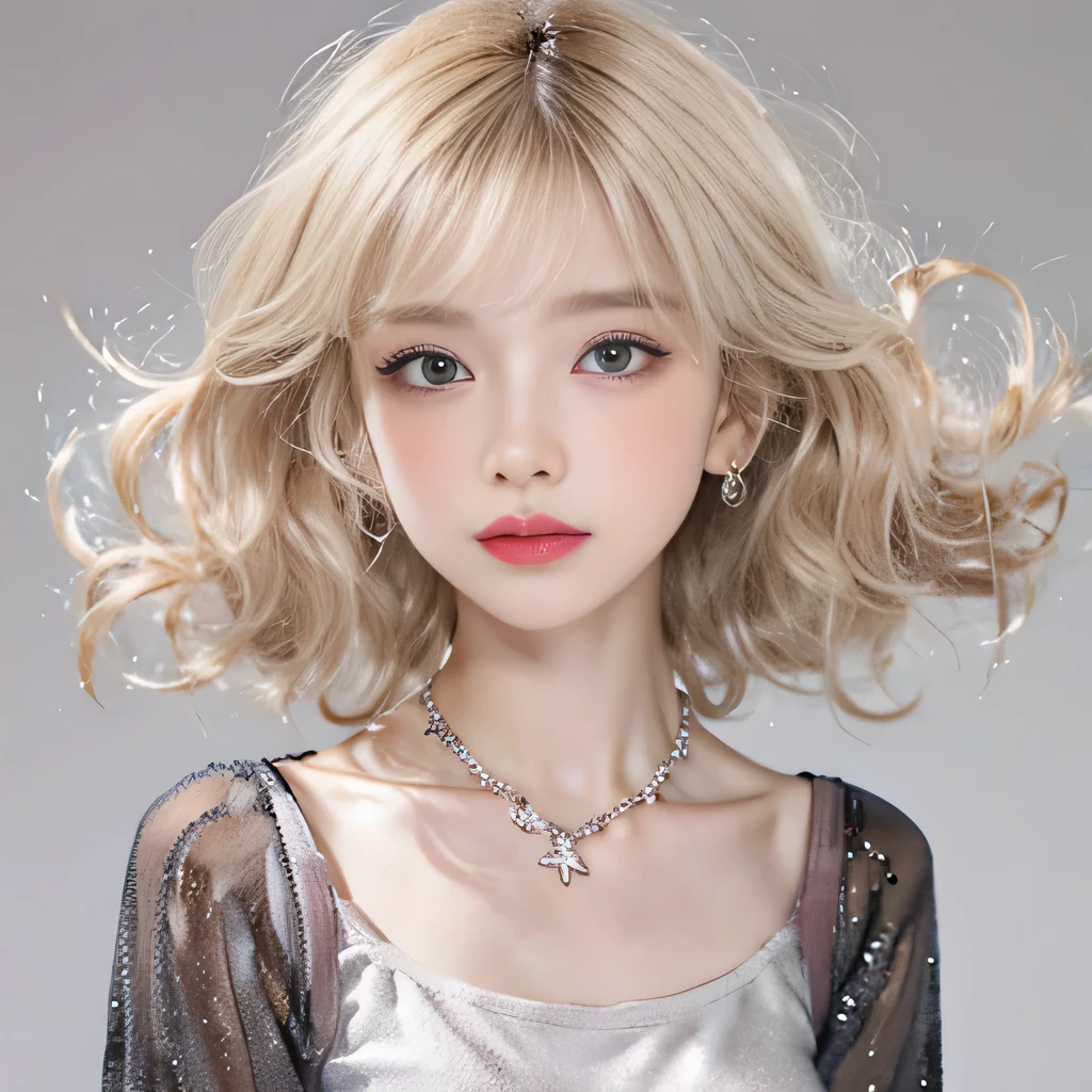 （8k）、（best image quality:1.5）、gray background、close up of face、１girl、masterpiece、delicate and sharp eyes、brown eyes、eye power、delicate face、cup、fascinating face、platinum blonde hair、Semi-long wave、cute clothes、Long shirt that shows your collarbones、gal、Emphasis on the clavicle、