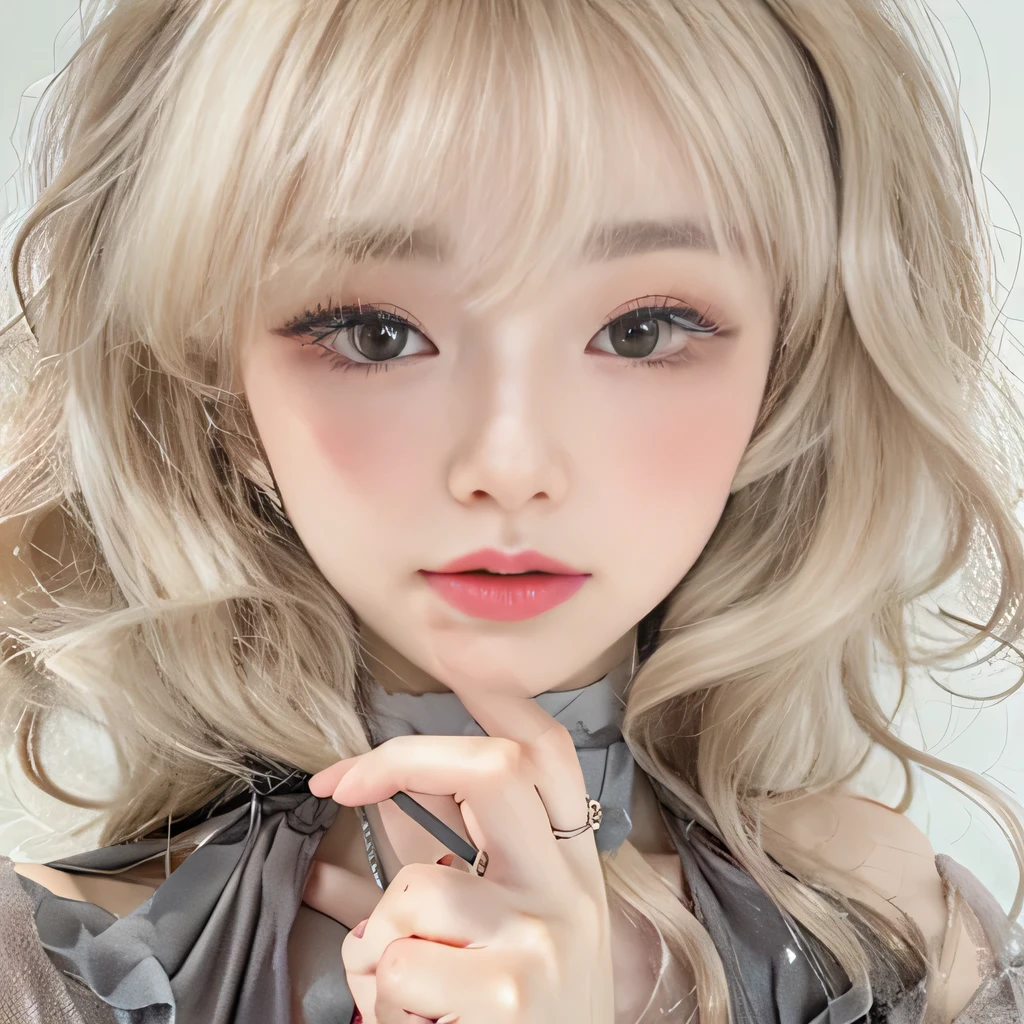 (8k)、(best image quality:1.5)、gray background、close up of face、1girl、masterpiece、delicate and sharp eyes、brown eyes、eye power、delicate face、cup、fascinating face、platinum blonde hair、Semi-long wave、cute clothes、Long shirt that shows your collarbones、gal、Emphasis on the clavicle、