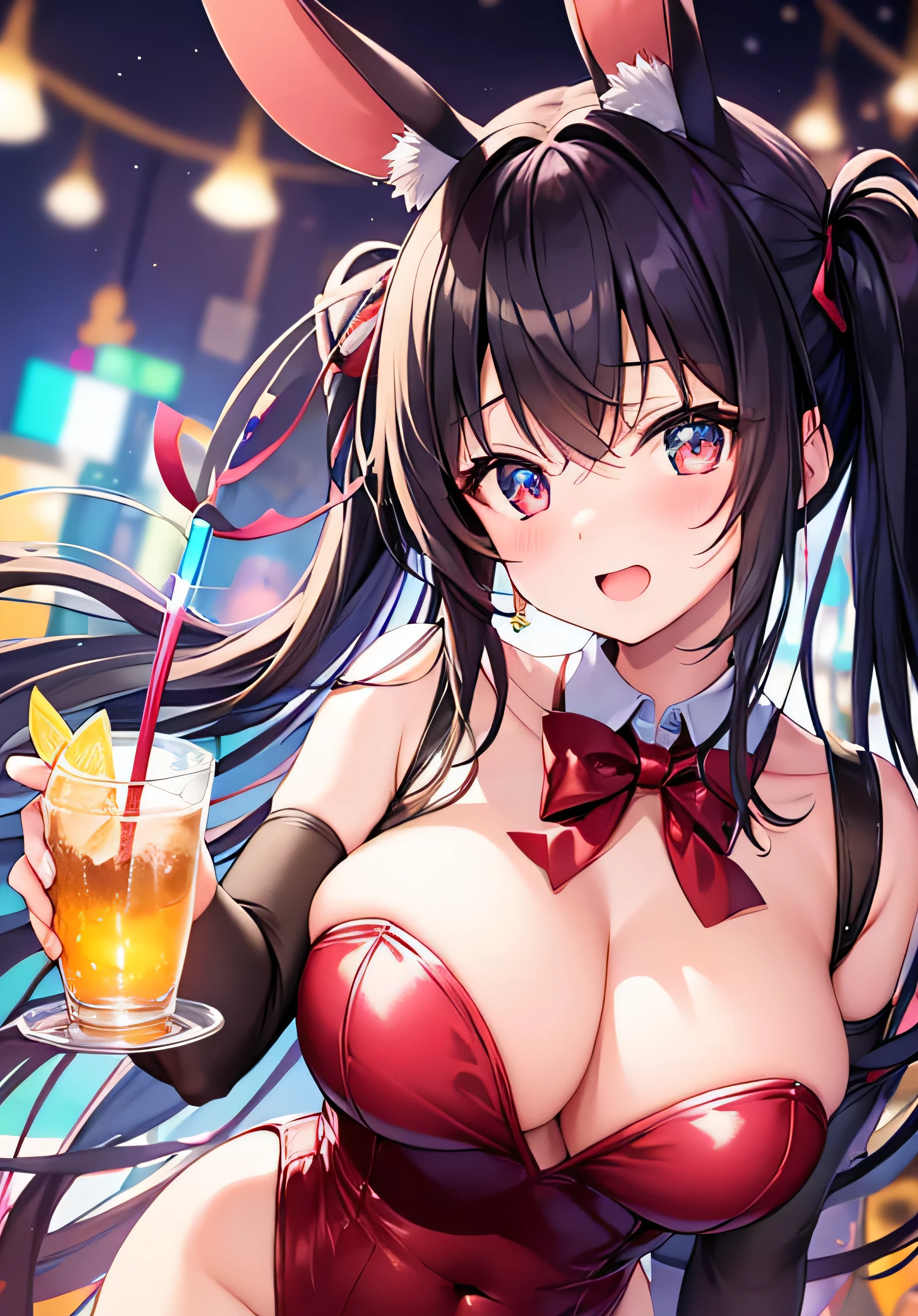 masterpiece、best image quality、ultra high resolution、 girl with big breasts、twin tail hairstyle、black hair、red face、shyly、Open your mouth just a little、Bunny girl costume that shows cleavage、rabbit ears headgear、beautiful feet、Inside the bar with a beautiful night view、at night