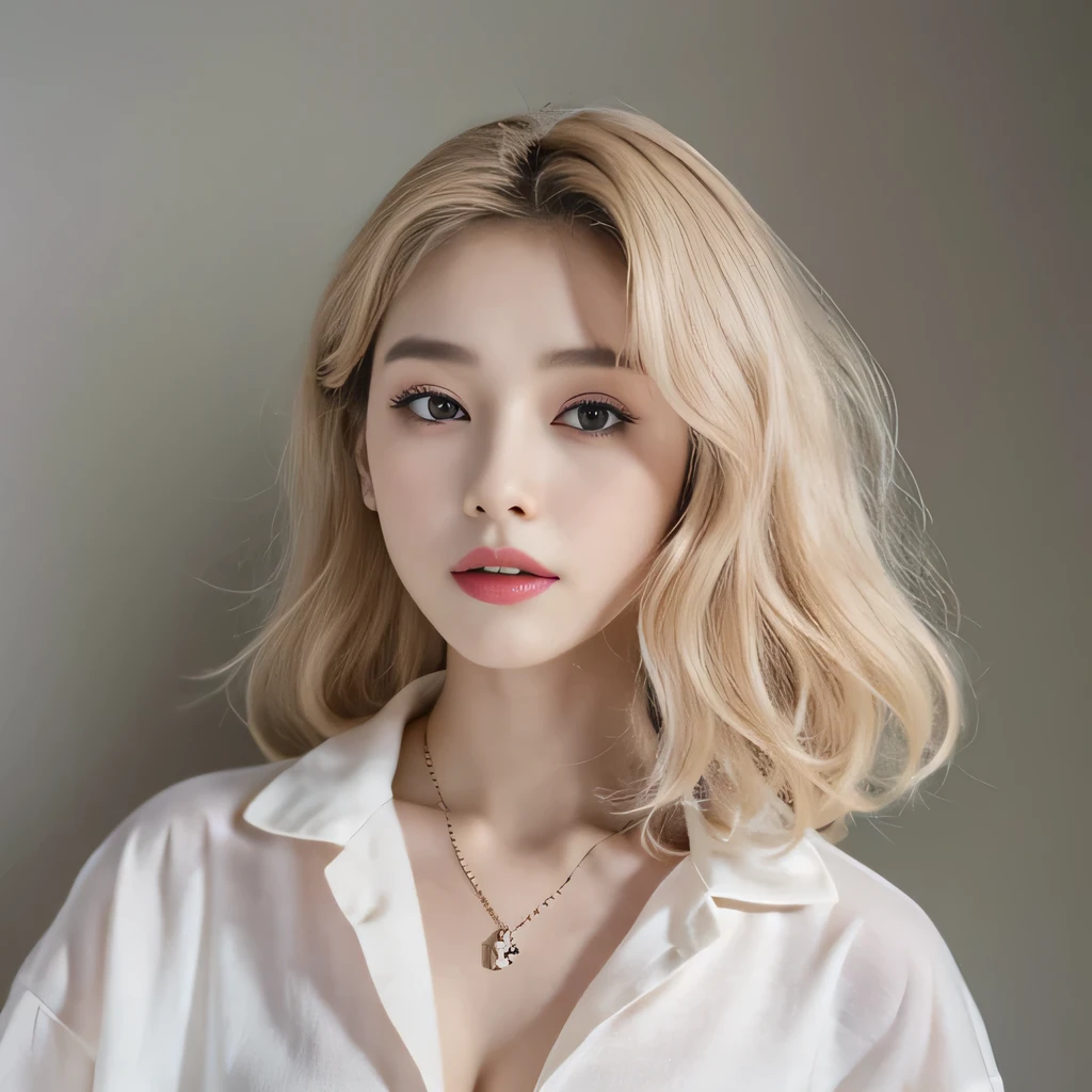 （8k）、（best image quality:1.5）、gray background、close up of face、１girl、masterpiece、delicate and sharp eyes、brown eyes、eye power、delicate face、cup、fascinating face、platinum blonde hair、Semi-long wave、cute clothes、Long shirt that shows your collarbones、gal、Emphasis on the clavicle、