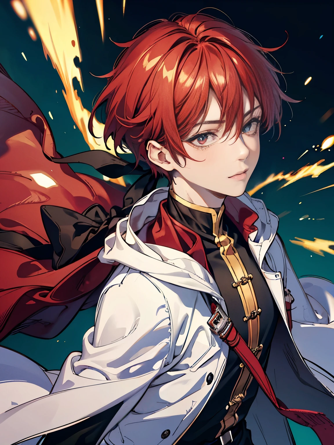 (ultra-detailed, perfect pixel, highres, best quality, beautiful eyes finely detailed), male, Short hair, smile expression facade, middle part bangs, red hair, brown eyes, black shirt, navy hood, modern, motion blur, 8k, super detail, accurate, best quality.