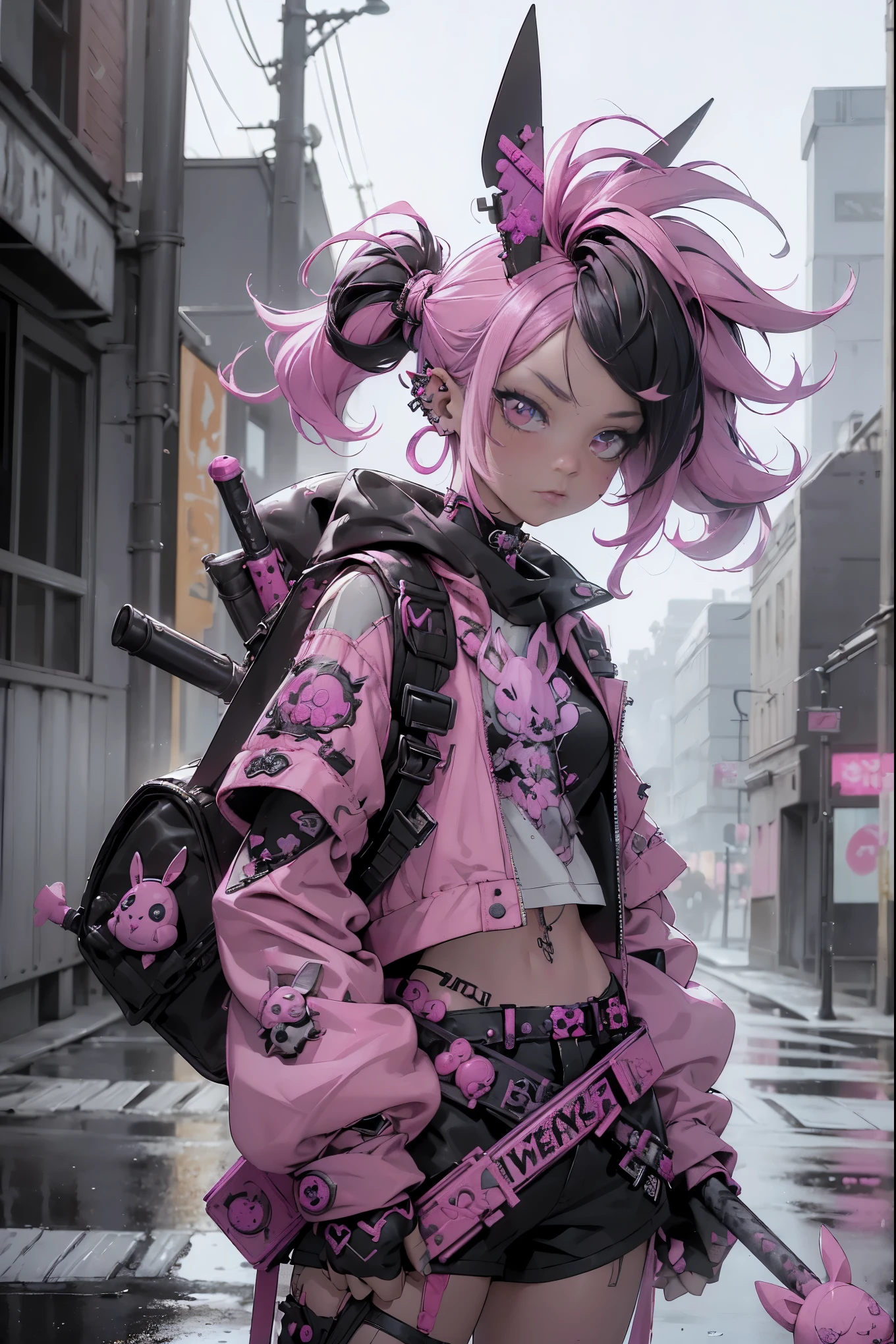 (highest quality、8k、32K、masterpiece、nffsw:1.3)、(Photoreal:1.4),(shoot from front,looking at viewer:1.5)、((18-year-old punk girl,eccentric punk hair:1.3)),((pink and black punk fashion:1.5)),(rabbit stuffed animal:1.5)clothes with studs、((He holds a bloody metal bat in his right hand.:1.5))、((black backpack on the back))、(bright black and pink hair:1.5),Wacky makeup、、dark background、Desolate city in the rain、puddle on the road、(cinematic lighting)、Depth of the bounds written,blurred background、