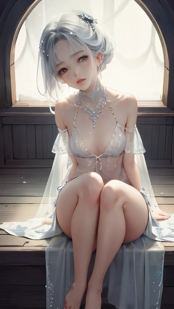 a girl、a baby face、Very cute、slim and beautiful、((small :1.2))、well drawn eyes、charming eyes、double tail、Wear jewelry and pearls around your neck,Transparent openwork、deep v、crystal pearl、在Wear jewelry and pearls around your neck,white hair, Showing thighs, bare shoulders, Show collarbone, Yao Liu, barefoot,((whole body))、painful posture