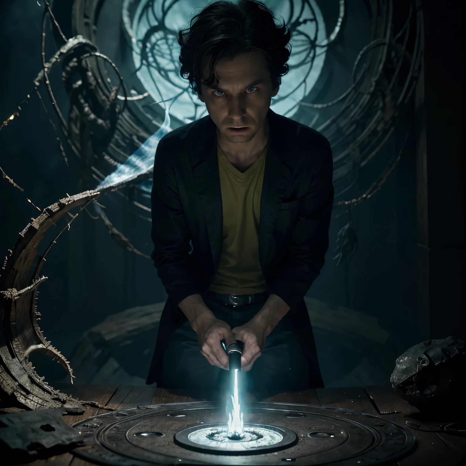 best quality,4k,highres,masterpiece:1.2),ultra-detailed,realistic, Rick and Morty, a genius scientist and his grandson, are watching in amazement as a wizard performs a spell to summon a monstrous creature. The wizard stands in the center of a vibrant and intricate magic circle, surrounded by swirling arcane symbols. Rick, wearing his signature lab coat and holding a flask, looks unimpressed by the spectacle while Morty, dressed in his usual yellow shirt and blue pants, stares wide-eyed at the mystical event. The monster emerging from the magic circle is horrifyingly detailed, with sharp teeth, menacing claws, and glowing red eyes. The scene is lit by a combination of ambient and magical light, casting eerie shadows and illuminating the characters' expressions. As the creature materializes, its dark aura fills the air, creating a sense of foreboding. The overall color tone of the image leans towards a darker palette, with saturated hues that emphasize the fantastical elements.