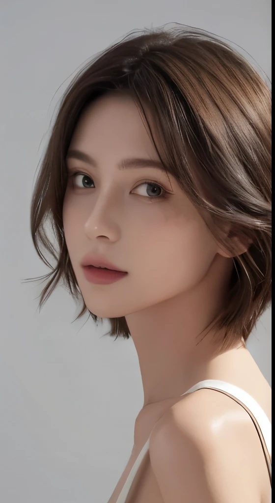 (((highest quality, 8k, masterpiece))), sharp focus, thin, cinematic lighting、perfection、soft light、high resolution skins:1.3、realistic skin texture、30 year old mature woman、small face、no makeup、short hair、dark brown hair、Detailed beautiful eyes、bust B cup、small breasts、wearing a pendant、Supermodel、cool beauty、gray background、