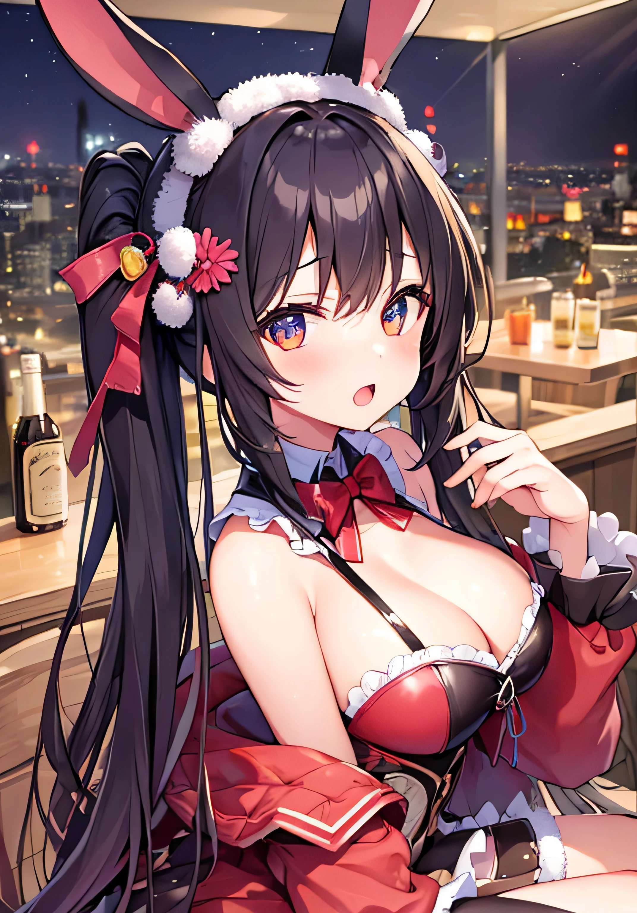 masterpiece、best image quality、ultra high resolution、 girl with big breasts、twin tail hairstyle、black hair、red face、shyly、Open your mouth just a little、Bunny girl costume that shows cleavage、rabbit ears headgear、beautiful feet、Inside the bar with a beautiful night view、at night