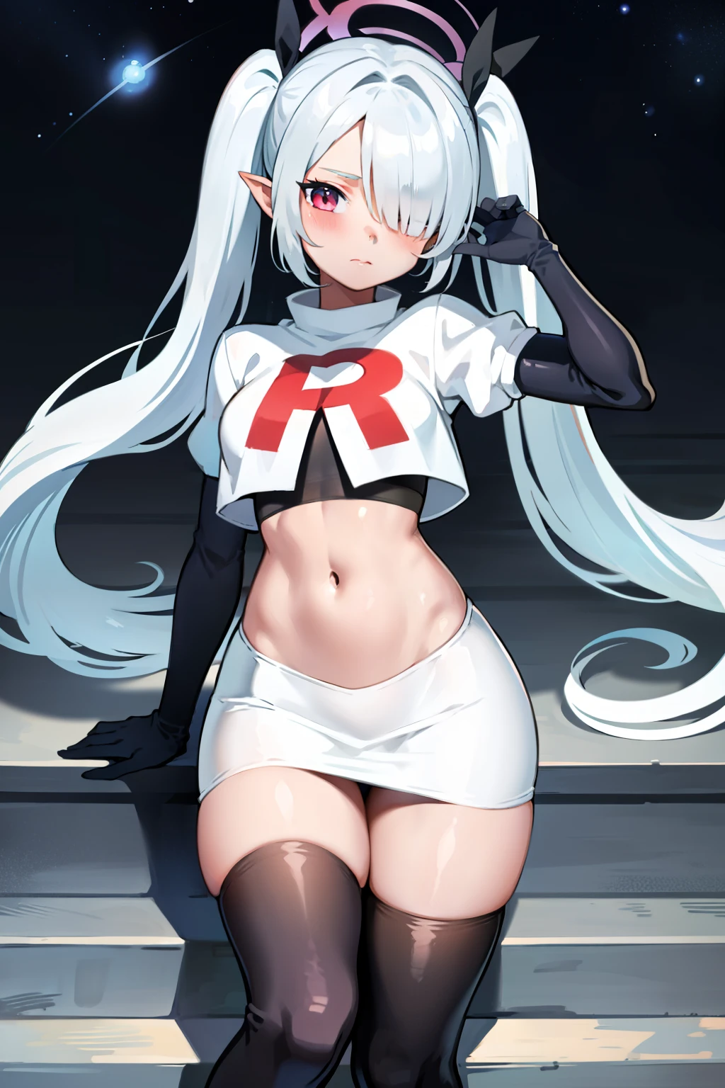 (masterpiece), 1girl, hair over one eye,magical world, shiny steps, beautiful sky, stars, jupiter, ioridef, team rocket,team rocket uniform,white skirt,crop top,black thigh-highs,black elbow gloves,