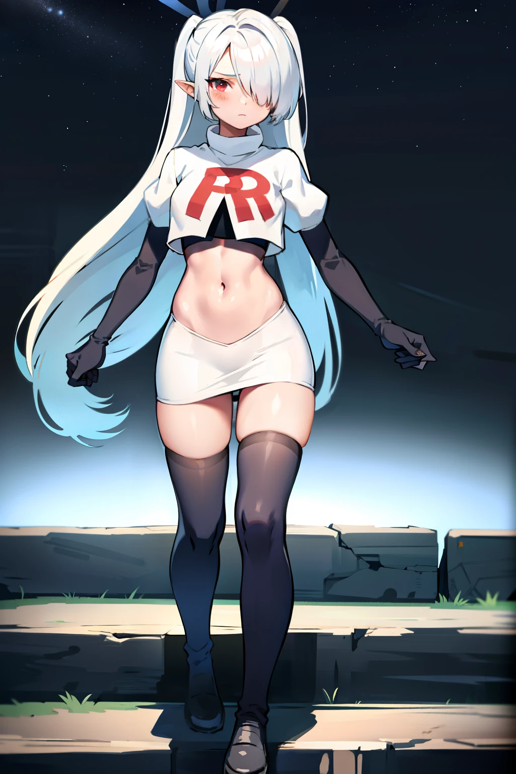 (masterpiece), 1girl, hair over one eye,magical world, shiny steps, beautiful sky, stars, jupiter, ioridef, team rocket,team rocket uniform,white skirt,crop top,black thigh-highs,black elbow gloves,