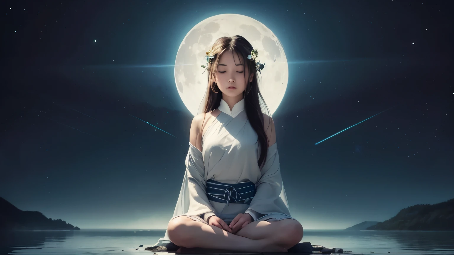 Digitally drawn portrait of a person with closed eyes, Tilt your head toward the bright full moon. The moonlight dyes the person's calm face a calm blue.。., Emphasis on inner stillness and Zen expression. Stars shine gently against the night sky. The surrounding scenery is calm, There is a lake reflecting moonlight near a person who is sitting quietly in lotus pose. his hands are on his knees, A face that represents deep meditation and serenity. The overall atmosphere of the painting is relaxing., bright and focused, Exactly、The inner peace that the subject feels within、It's like radiating outward under the meditative moonlight。.. It has an atmospheric style, elegant and relaxing. --automatic