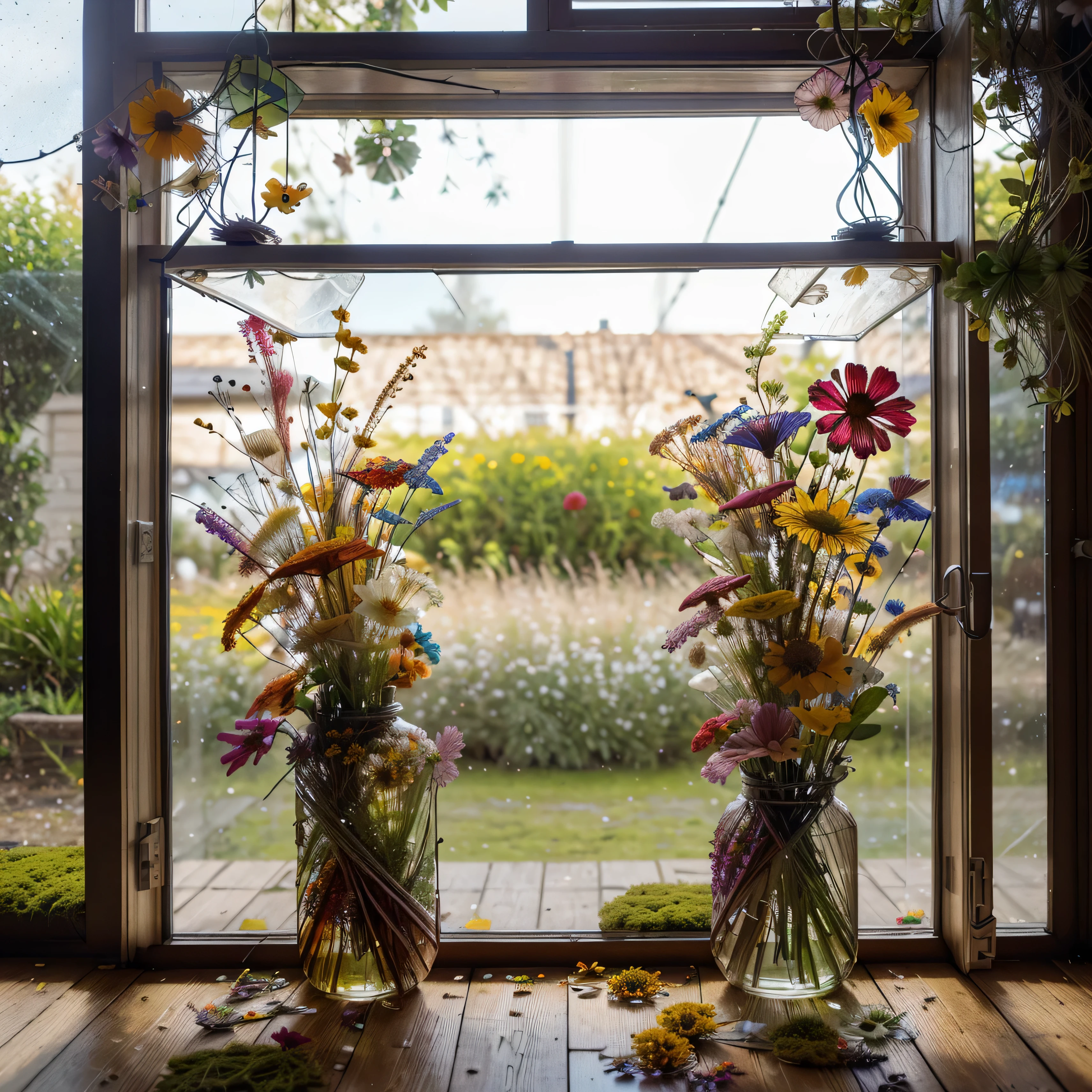 create a realistic photo with flowers and moss in it, pressed flowers, made of wildflowers, colorful glass art, lush gardens hanging, f50, made of colorful dried flowers, with colorful flowers and plants, glass flowers, beautiful glass work, super realistic”, highly realistic”, ultra realistic", stained glass art, made of dried flowers