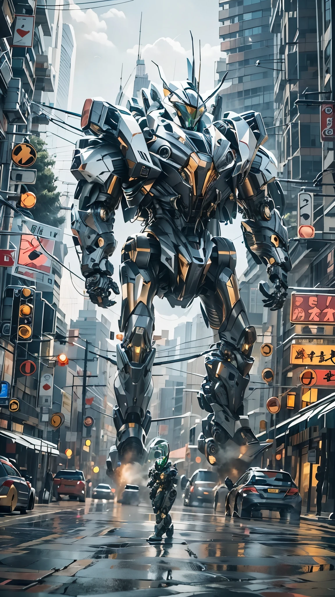 best quality，masterpiece，16k，Giant mecha,Vital Suits,building,Car tire structure feet,car,city,city lights,cityscape,cloud,day,destruction,east asian architecture,ground vehicle,Complex mecha structure,Looking up,Multicolored mecha,Half squat posture,full body,Super complex mechanical structure,mecha,outdoors,radio antenna,realistic,road,ruins,science fiction,skyscraper,street,traffic light