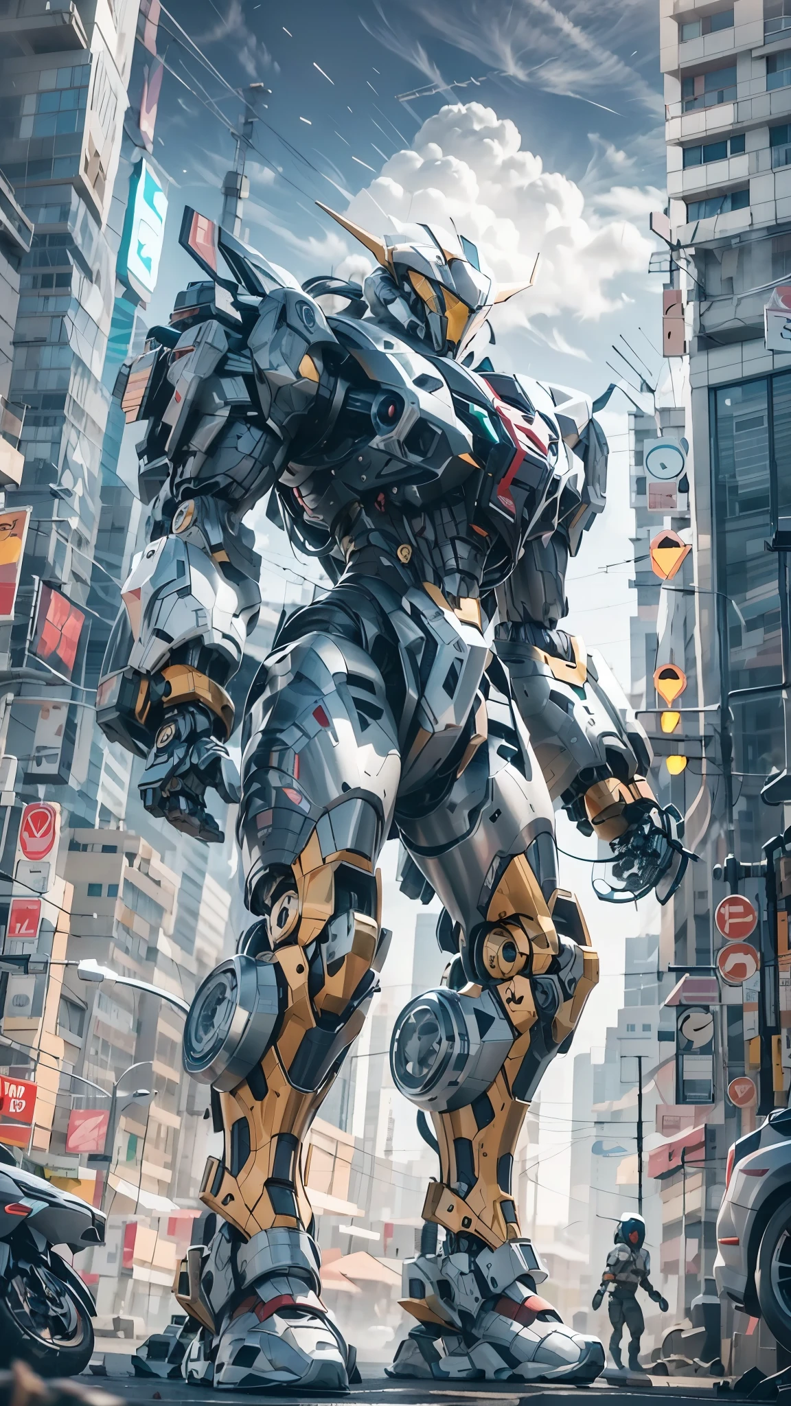 best quality，masterpiece，16k，Giant mecha,Vital Suits,building,Car tire structure feet,car,city,city lights,cityscape,cloud,day,destruction,east asian architecture,ground vehicle,Complex mecha structure,Looking up,Multicolored mecha,Half squat posture,full body,Super complex mechanical structure,mecha,outdoors,radio antenna,realistic,road,ruins,science fiction,skyscraper,street,traffic light