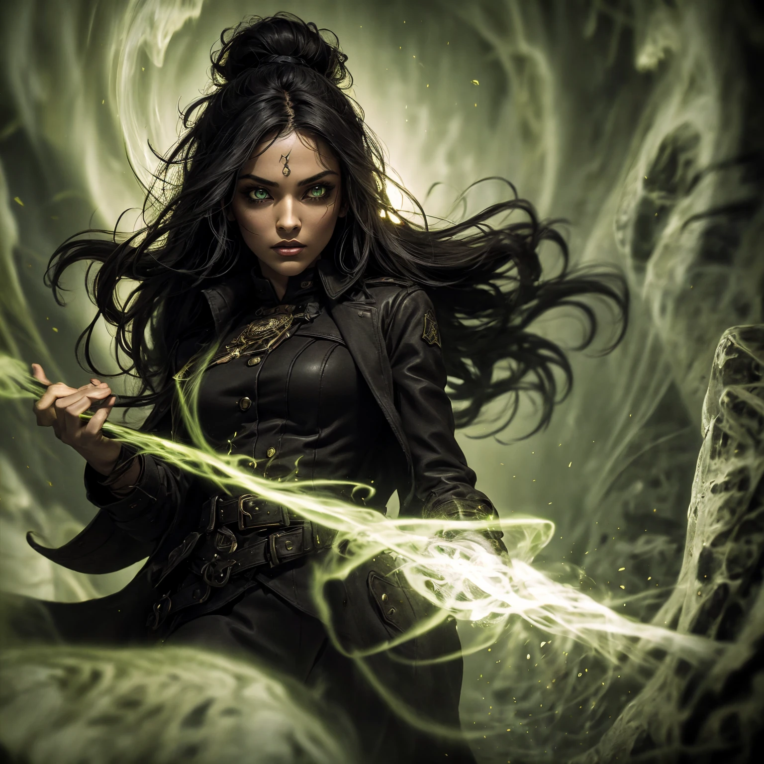 A stunning South-Indian woman, olive-skinned woman, Indian beauty, with bright green eyes, standing in swirling black smoke, with dark brown-black long wavy hair, mesmerizing features with a scary expression, finely detailed eyes, angry mood masterpiece, top quality, best quality, official art, beautiful and aesthetic:1.2), (1girl), extreme detailed,(fractal art:1.3), colorful, highest detailed, (masterpiece, best quality:1.3) professional digital painting, Unreal Engine 5. Wearing a black-buttoned-up military-trench coat. Scary void dripping from body and face black magic swirling around. Black smoke swirled around her. Purple-tinted background. In a 1920 setting, at a farm, wearing 1930 style clothing, , masterpiece, top quality, best quality, official art, beautiful and aesthetic:1.2), (1girl), extreme detailed,(fractal art:1.3), pink, purple, highest detailed, (masterpiece, best quality:1.3) 1 green-eyed woman, professional digital painting, Unreal Engine 5. Wearing linen blouse, Wearing long skirt, Long hair, hopeful expression, finely detailed eyes, smiling, epic scene, epic composition, Cinematic Lighting, Volumetric Lighting, ethereal light, intricate details, extremely detailed volumetric rays. Green Eyes. [Beautiful girl, linen shirt and pants, oil painting, Detailed facial features, Sunlight, bright colors, dramatic lighting, expressive eyes and lips, High Resolution]

