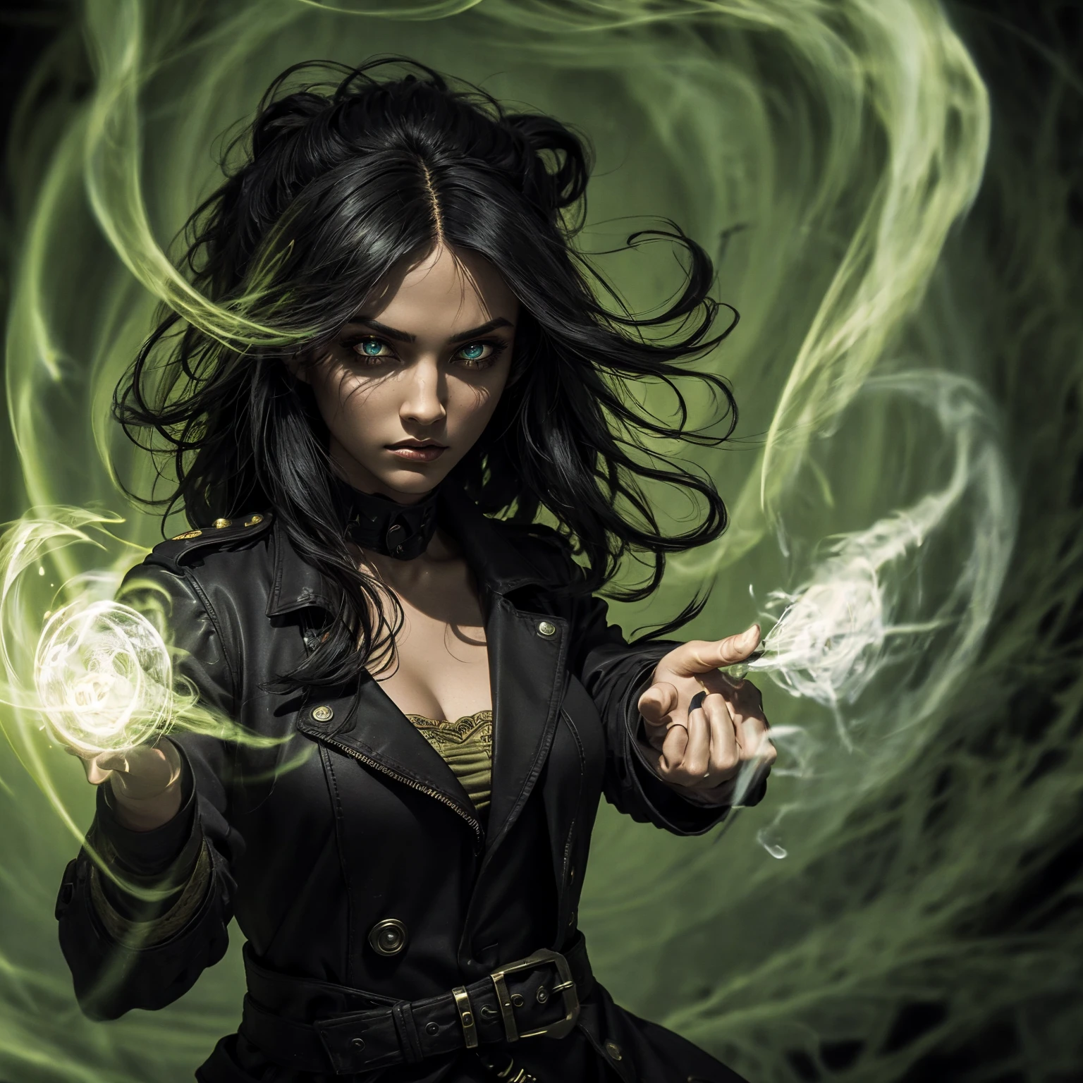 A stunning South-Indian woman, olive-skinned woman, Indian beauty, with bright green eyes, standing in swirling black smoke, with dark brown-black long wavy hair, mesmerizing features with a scary expression, finely detailed eyes, angry mood masterpiece, top quality, best quality, official art, beautiful and aesthetic:1.2), (1girl), extreme detailed,(fractal art:1.3), colorful, highest detailed, (masterpiece, best quality:1.3) professional digital painting, Unreal Engine 5. Wearing a black-buttoned-up military-trench coat. Scary void dripping from body and face black magic swirling around. Black smoke swirled around her. Purple-tinted background. In a 1920 setting, at a farm, wearing 1930 style clothing, , masterpiece, top quality, best quality, official art, beautiful and aesthetic:1.2), (1girl), extreme detailed,(fractal art:1.3), pink, purple, highest detailed, (masterpiece, best quality:1.3) 1 green-eyed woman, professional digital painting, Unreal Engine 5. Wearing linen blouse, Wearing long skirt, Long hair, hopeful expression, finely detailed eyes, smiling, epic scene, epic composition, Cinematic Lighting, Volumetric Lighting, ethereal light, intricate details, extremely detailed volumetric rays. Green Eyes. [Beautiful girl, linen shirt and pants, oil painting, Detailed facial features, Sunlight, bright colors, dramatic lighting, expressive eyes and lips, High Resolution]
