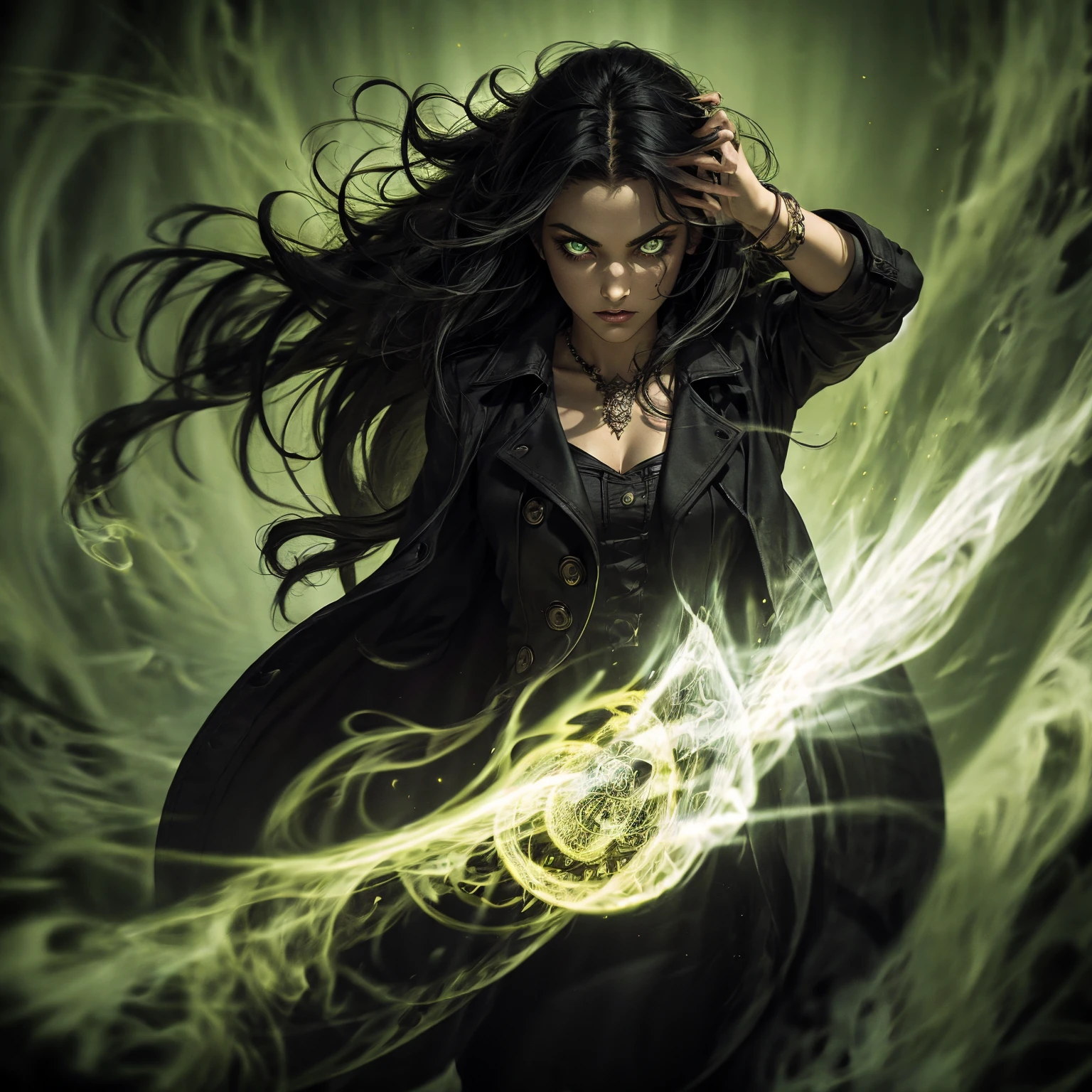 A stunning South-Indian woman, olive-skinned woman, Indian beauty, with bright green eyes, standing in swirling black smoke, with dark brown-black long wavy hair, mesmerizing features with a scary expression, finely detailed eyes, angry mood masterpiece, top quality, best quality, official art, beautiful and aesthetic:1.2), (1girl), extreme detailed,(fractal art:1.3), colorful, highest detailed, (masterpiece, best quality:1.3) professional digital painting, Unreal Engine 5. Wearing a black-buttoned-up military-trench coat. Scary void dripping from body and face black magic swirling around. Black smoke swirled around her. Purple-tinted background. In a 1920 setting, at a farm, wearing 1930 style clothing, , masterpiece, top quality, best quality, official art, beautiful and aesthetic:1.2), (1girl), extreme detailed,(fractal art:1.3), pink, purple, highest detailed, (masterpiece, best quality:1.3) 1 green-eyed woman, professional digital painting, Unreal Engine 5. Wearing linen blouse, Wearing long skirt, Long hair, hopeful expression, finely detailed eyes, smiling, epic scene, epic composition, Cinematic Lighting, Volumetric Lighting, ethereal light, intricate details, extremely detailed volumetric rays. Green Eyes. [Beautiful girl, linen shirt and pants, oil painting, Detailed facial features, Sunlight, bright colors, dramatic lighting, expressive eyes and lips, High Resolution]

