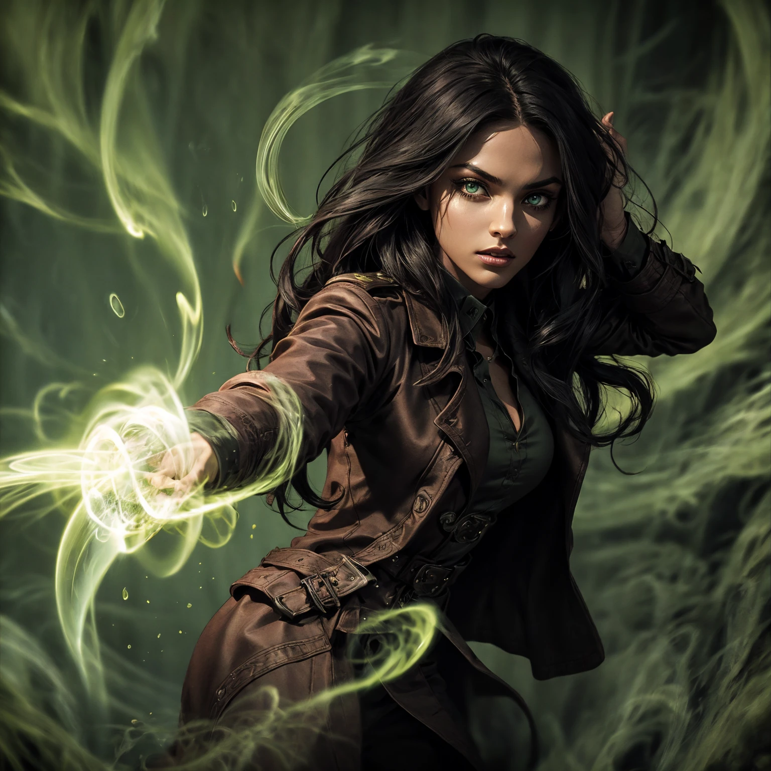 A stunning South-Indian woman, olive-skinned woman, Indian beauty, with bright green eyes, standing in swirling black smoke, with dark brown-black long wavy hair, mesmerizing features with a scary expression, finely detailed eyes, angry mood masterpiece, top quality, best quality, official art, beautiful and aesthetic:1.2), (1girl), extreme detailed,(fractal art:1.3), colorful, highest detailed, (masterpiece, best quality:1.3) professional digital painting, Unreal Engine 5. Wearing a black-buttoned-up military-trench coat. Scary void dripping from body and face black magic swirling around. Black smoke swirled around her. Purple-tinted background. In a 1920 setting, at a farm, wearing 1930 style clothing, , masterpiece, top quality, best quality, official art, beautiful and aesthetic:1.2), (1girl), extreme detailed,(fractal art:1.3), pink, purple, highest detailed, (masterpiece, best quality:1.3) 1 green-eyed woman, professional digital painting, Unreal Engine 5. Wearing linen blouse, Wearing long skirt, Long hair, hopeful expression, finely detailed eyes, smiling, epic scene, epic composition, Cinematic Lighting, Volumetric Lighting, ethereal light, intricate details, extremely detailed volumetric rays. Green Eyes. [Beautiful girl, linen shirt and pants, oil painting, Detailed facial features, Sunlight, bright colors, dramatic lighting, expressive eyes and lips, High Resolution]
