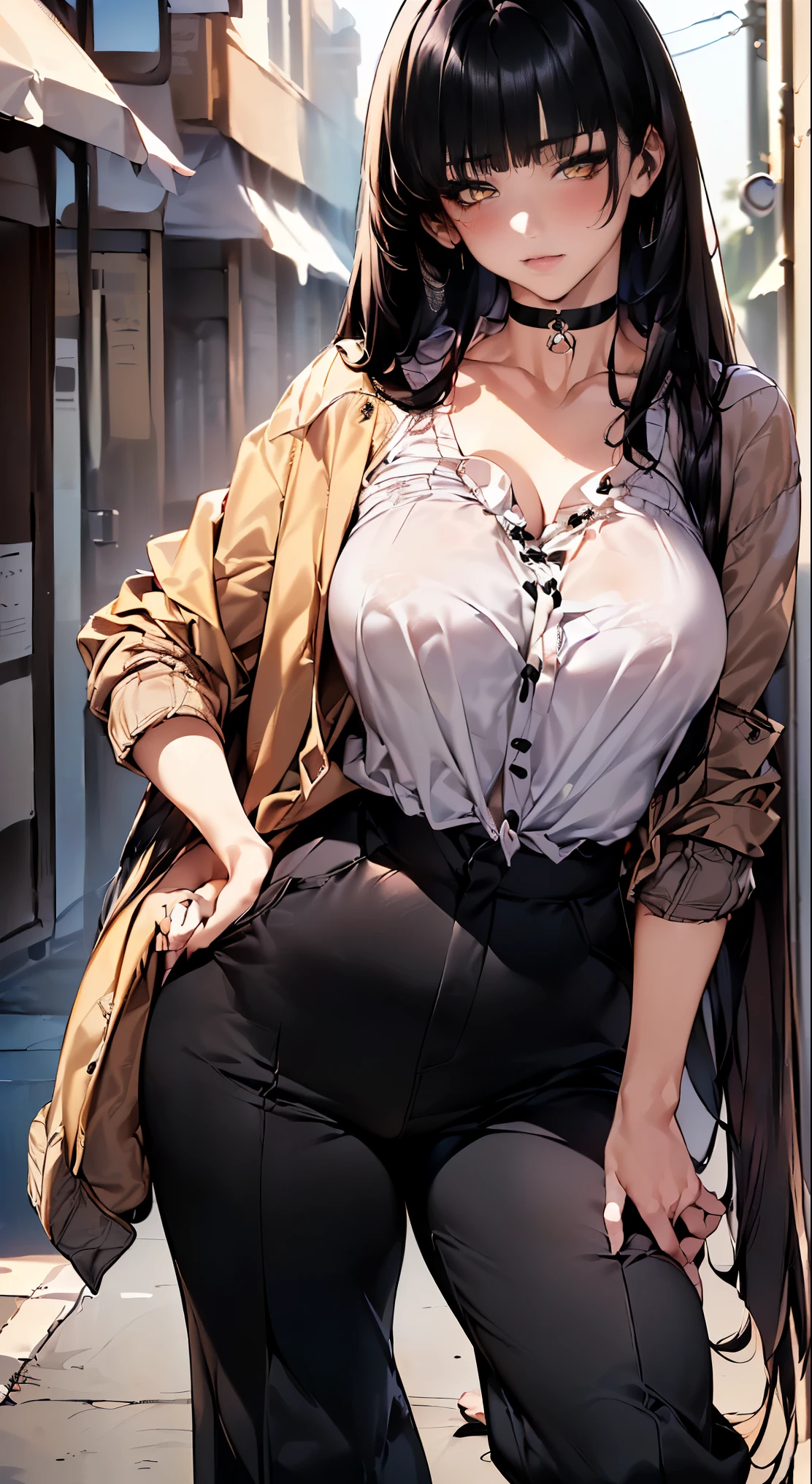 (masterpiece:1.2, highest quality), (realistic, photorealistic:1.4), beautiful illustrations,
looking at the viewer, whole body, Front view:0.6,
((1 female:1.9)), ((black hair, straight long hair:1.7)), ((big breasts:1.6, big ass))
beautiful hair, beautiful face, beautiful and detailed eyes, (yellow eyes:1.3), beautiful clavicle, beautiful body, beautiful breasts, beautiful thighs, beautiful feet, beautiful fingers, perfect anatomy:1.3, perfect anatomy
(street:1.4)
((Collarless jacket:1.8, blouse, wide pants:1.3, choker:1.6)),
((put your left hand on your chest, open your legs:1.3)),
(Look at the viewer while blushing:1.3)
